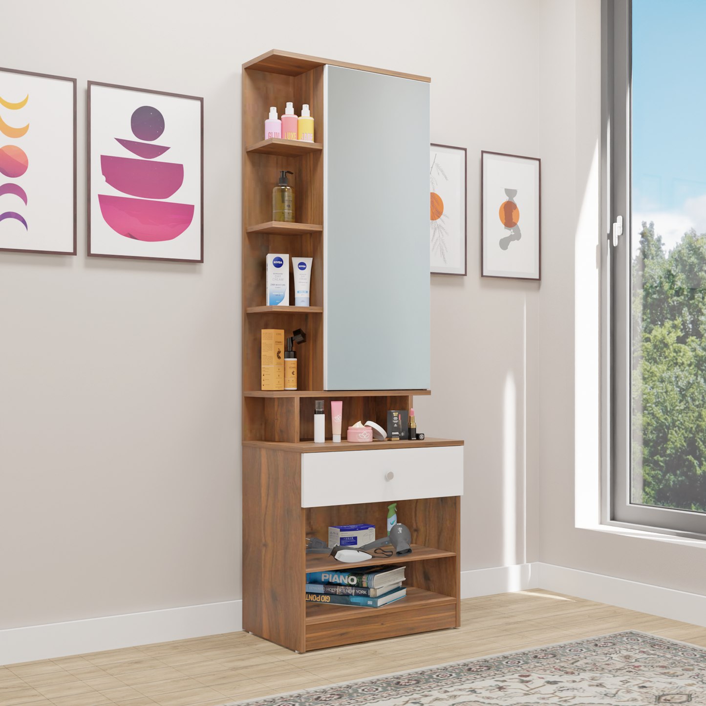 Dressing Table with Mirror Door | Door | Drawer & Open Shelves Dressing Table VIKI FURNITURE Brussel Walnut & Frosty White