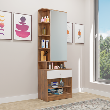 Dressing Table with Mirror Door | Door | Drawer & Open Shelves Dressing Table VIKI FURNITURE Brussel Walnut & Frosty White