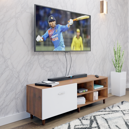 TV Unit | 1 Drawer, Open Shelves | Dual Color TV & Entertainment Unit VIKI FURNITURE Brussel Walnut with Frosty White