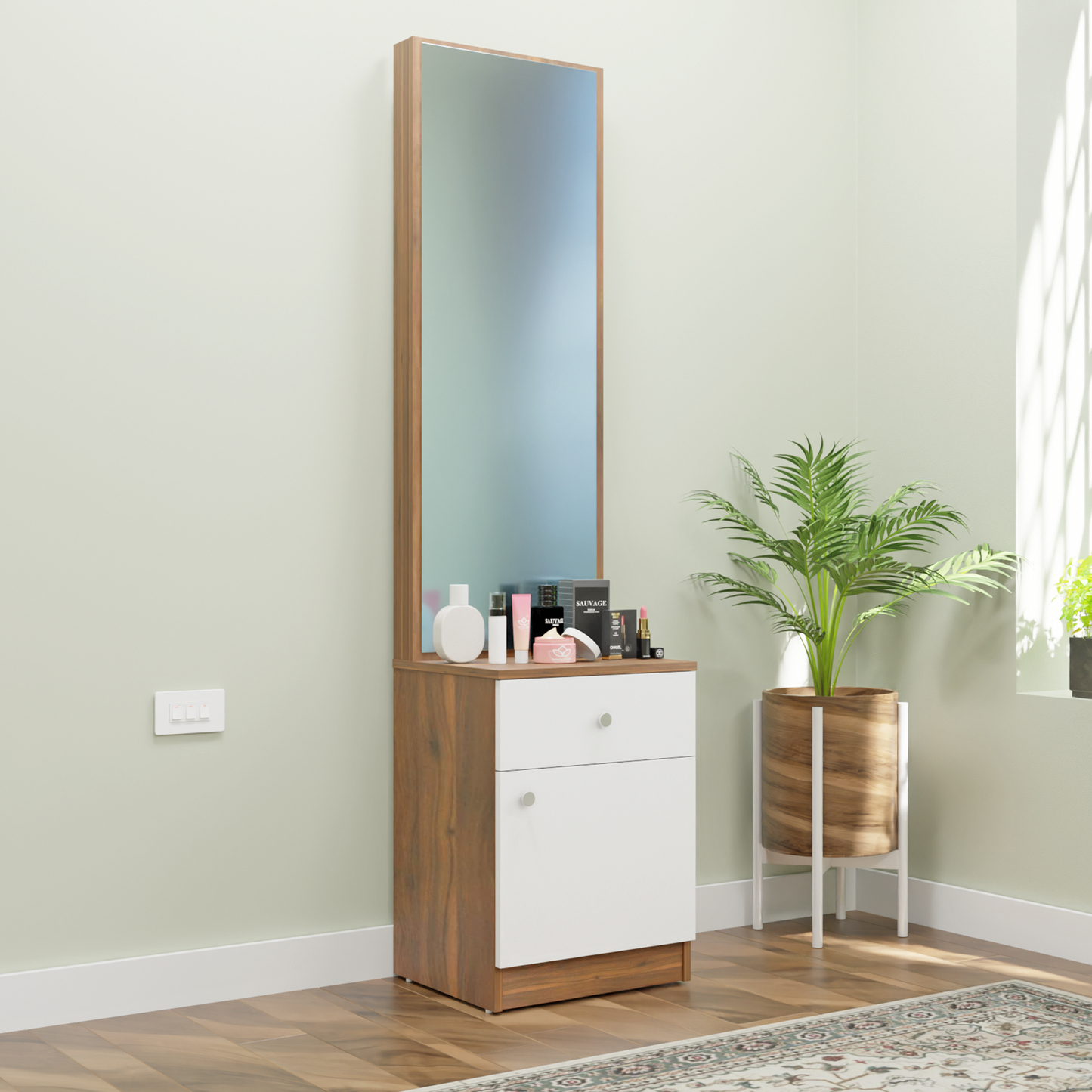 Dressing Table with Mirror Door | Door | Drawer & Open Shelves Dressing Table VIKI FURNITURE Brussel Walnut & Frosty White