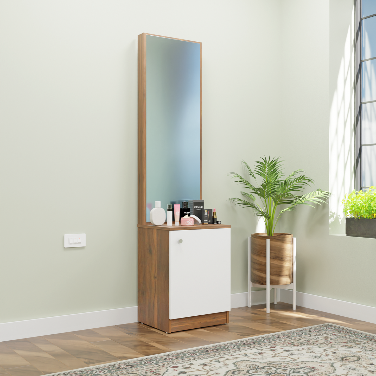 Dressing Table with Mirror Door | Shelves Dressing Table VIKI FURNITURE Brussel Walnut & Frosty White
