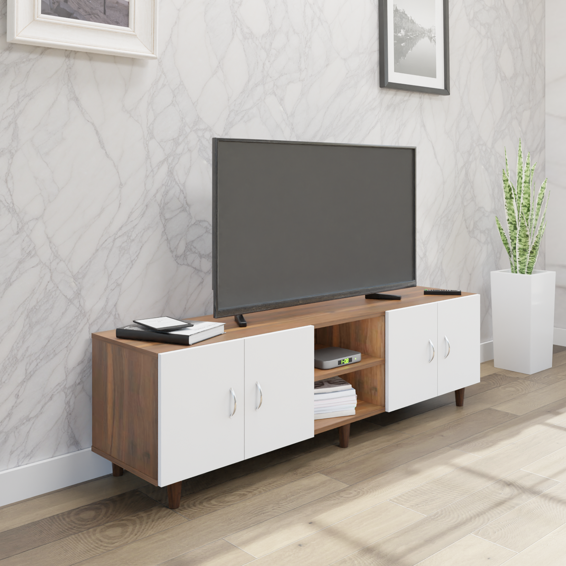 TV unit | 4 Doors, Open Shelves | Dual Color TV & Entertainment Unit VIKI FURNITURE
