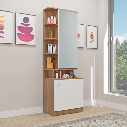 Dressing Table with Mirror Door | Drawer & Open Shelves Dressing Table VIKI FURNITURE Brussel Walnut & Frosty White