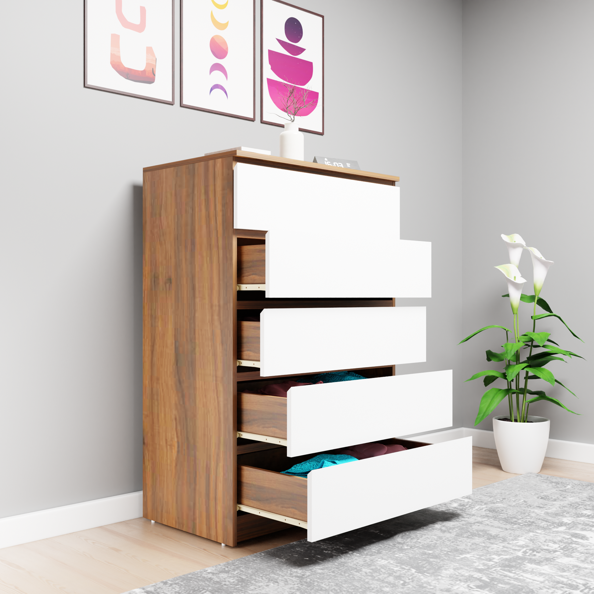 PARA | Chest of 5 Drawer, Brussel Walnut, Frosty white | Suede Finish Drawer Units VIKI FURNITURE   