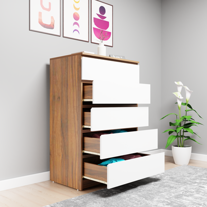 PARA | Chest of 5 Drawer, Brussel Walnut, Frosty white | Suede Finish Drawer Units VIKI FURNITURE   