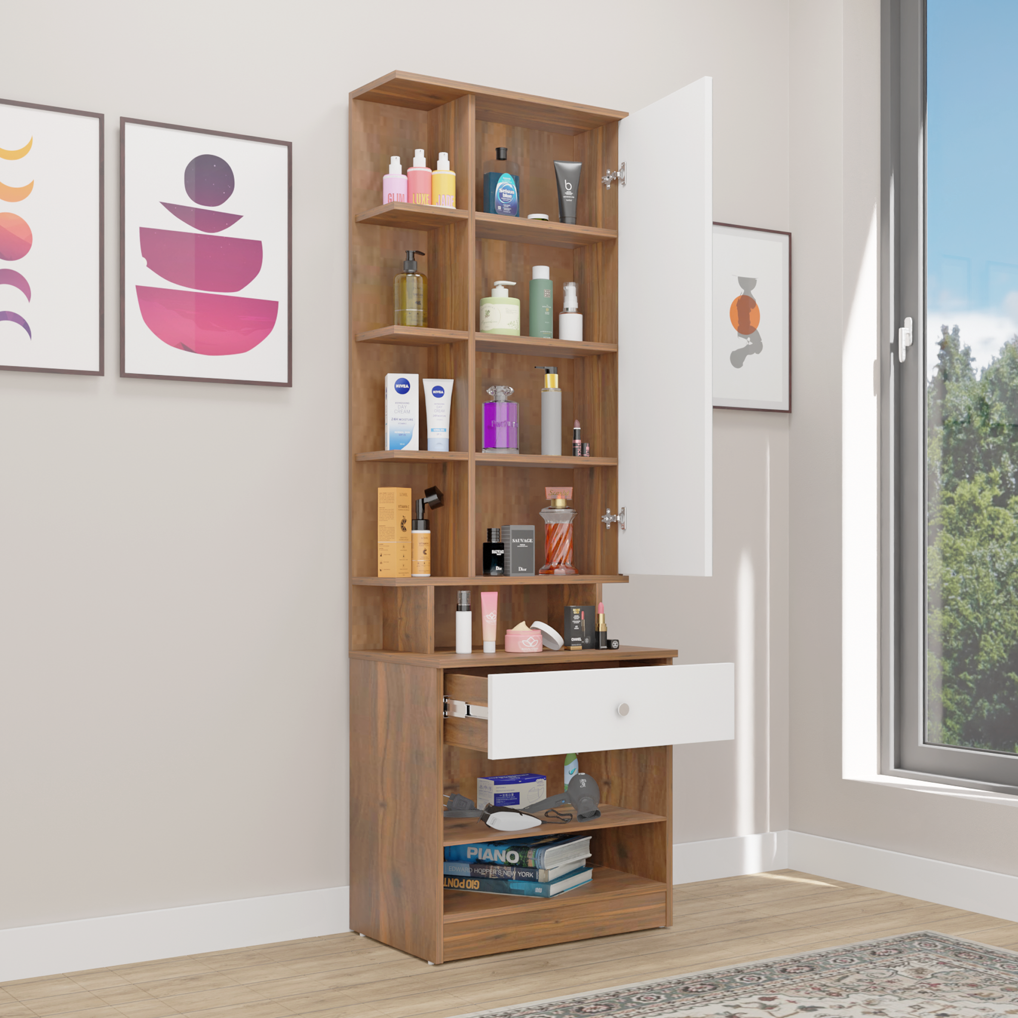 Dressing Table with Mirror Door | Door | Drawer & Open Shelves Dressing Table VIKI FURNITURE White & Walnut