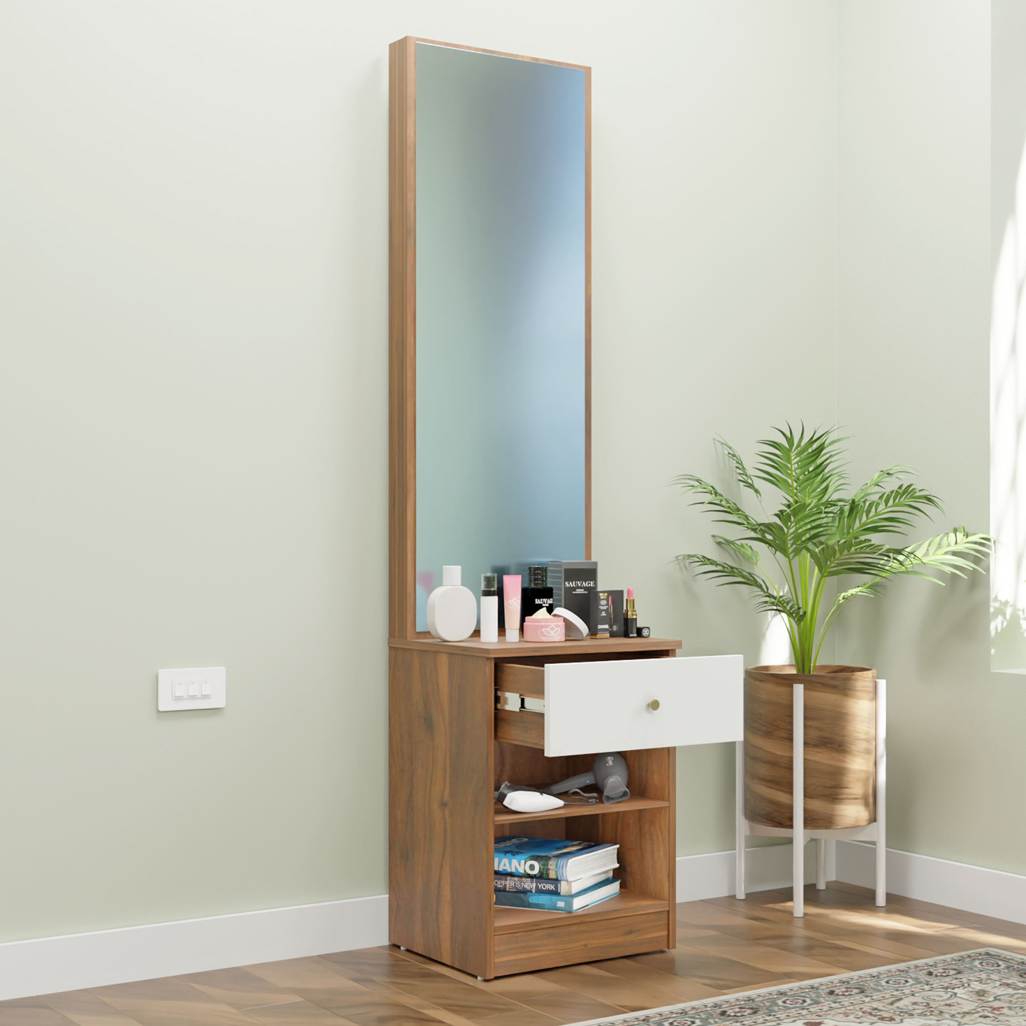 Dressing Table with Mirror Door | Drawer & Open Shelves Dressing Table VIKI FURNITURE White & Walnut
