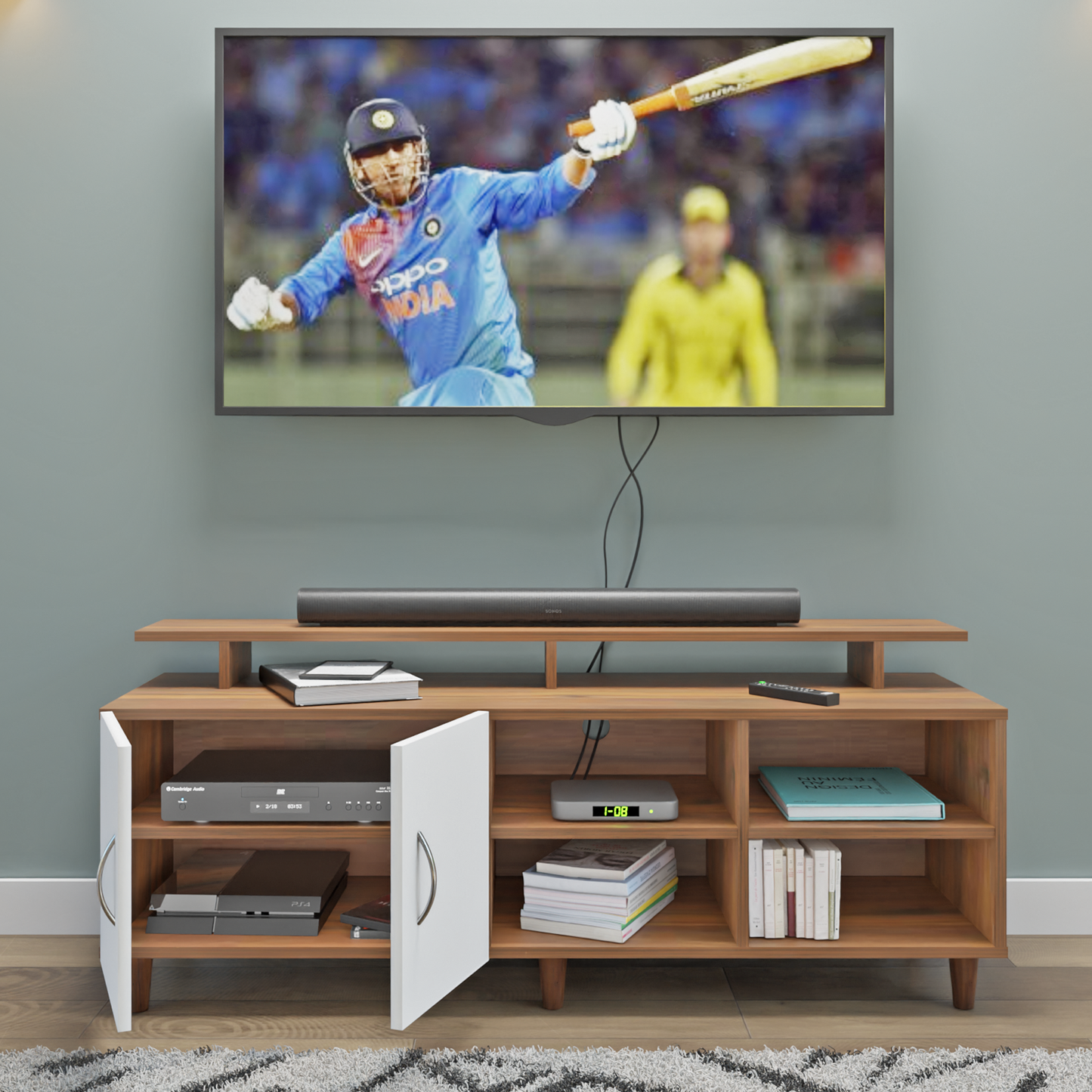 TV Unit | 2 Door, Open Shelves & Extension | Dual Color TV & Entertainment Unit VIKI FURNITURE