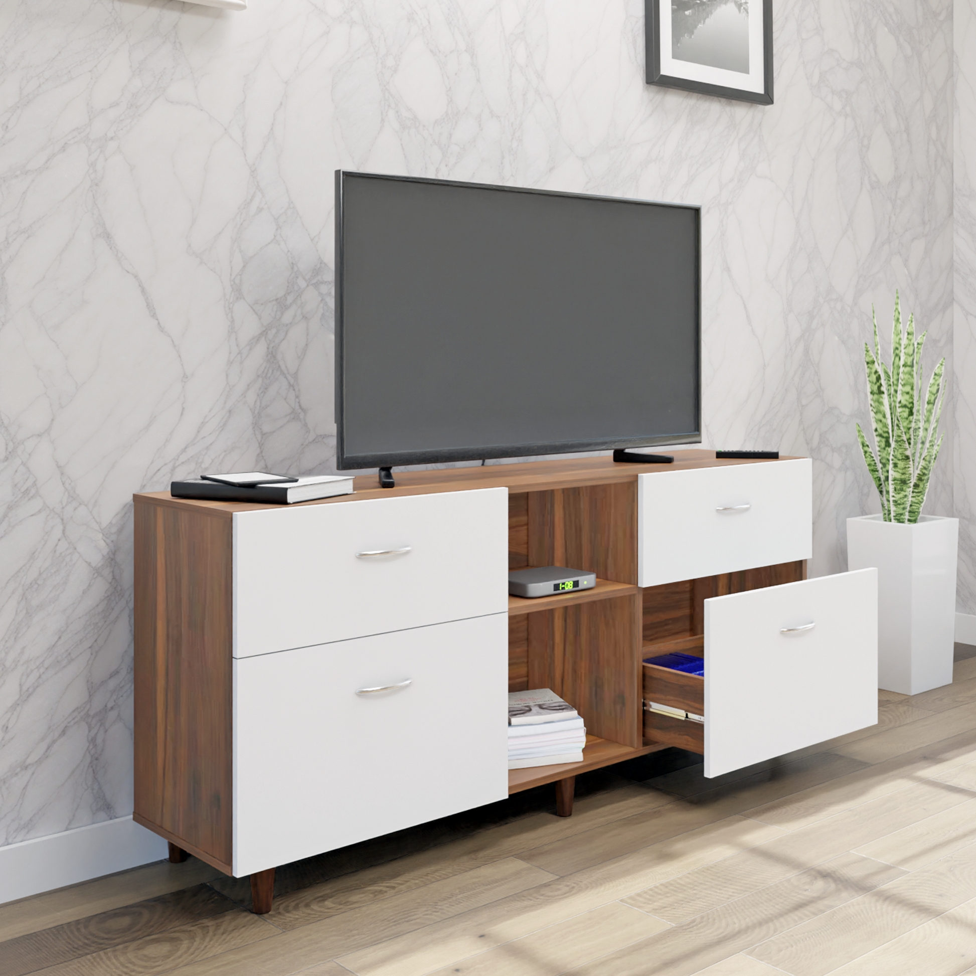 TV unit | 4 Drawers, Open Shelves | Dual Color TV & Entertainment Unit VIKI FURNITURE