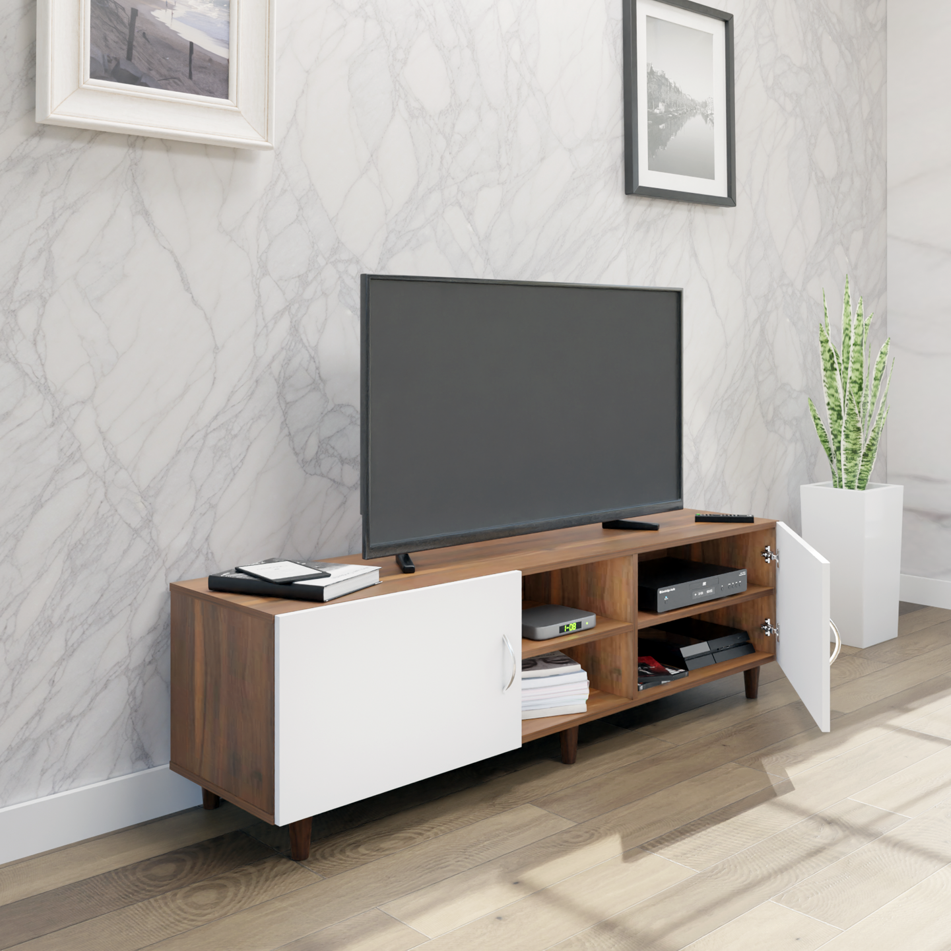 TV Unit | 2 Doors, Open Shelves | Dual Color TV & Entertainment Unit VIKI FURNITURE