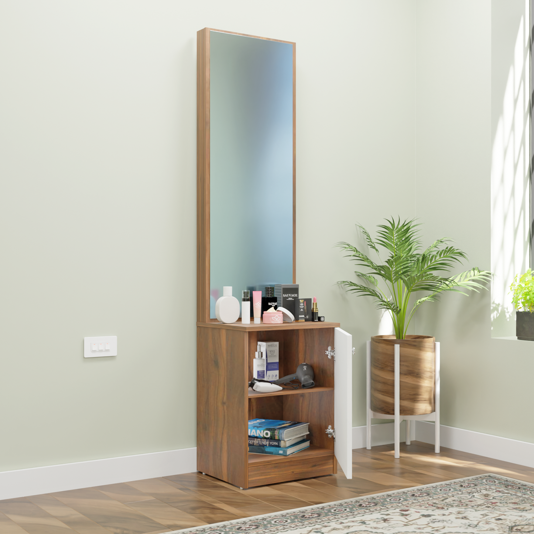 Dressing Table with Mirror Door | Shelves Dressing Table VIKI FURNITURE White & Walnut