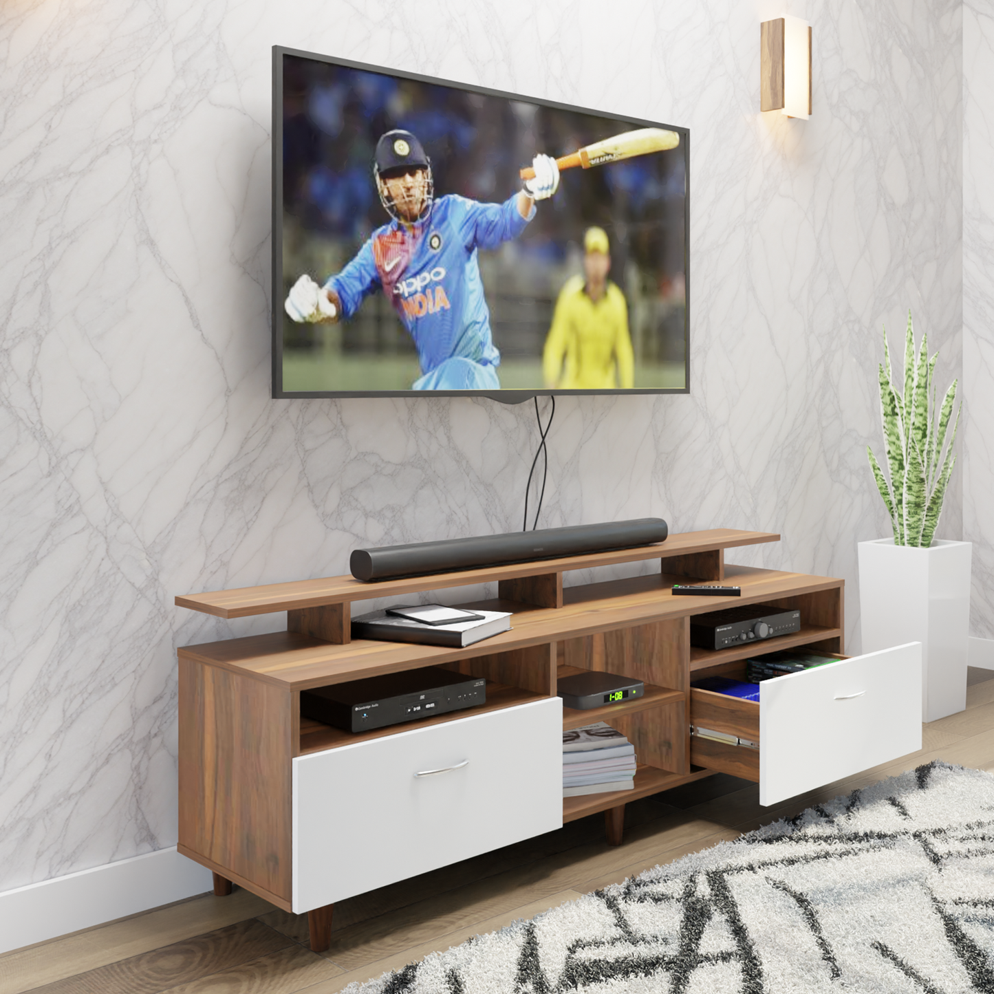 TV Unit | 2 Drawers, Open Shelves & Extension | Dual Color TV & Entertainment Unit VIKI FURNITURE