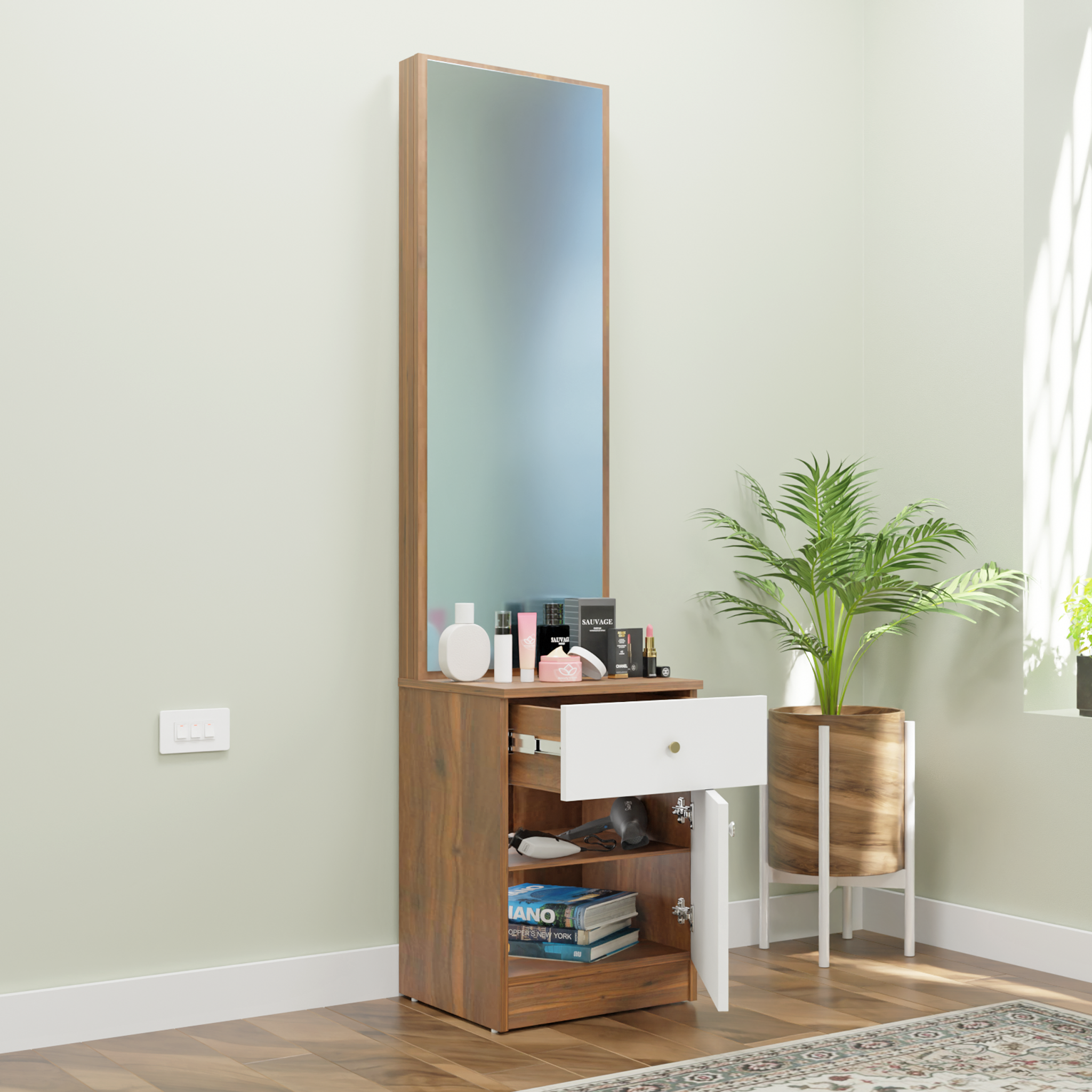 Dressing Table with Mirror Door | Door | Drawer & Open Shelves Dressing Table VIKI FURNITURE White & Walnut