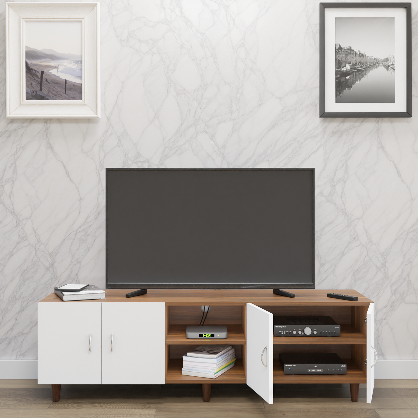 TV unit | 4 Doors, Open Shelves | Dual Color TV & Entertainment Unit VIKI FURNITURE