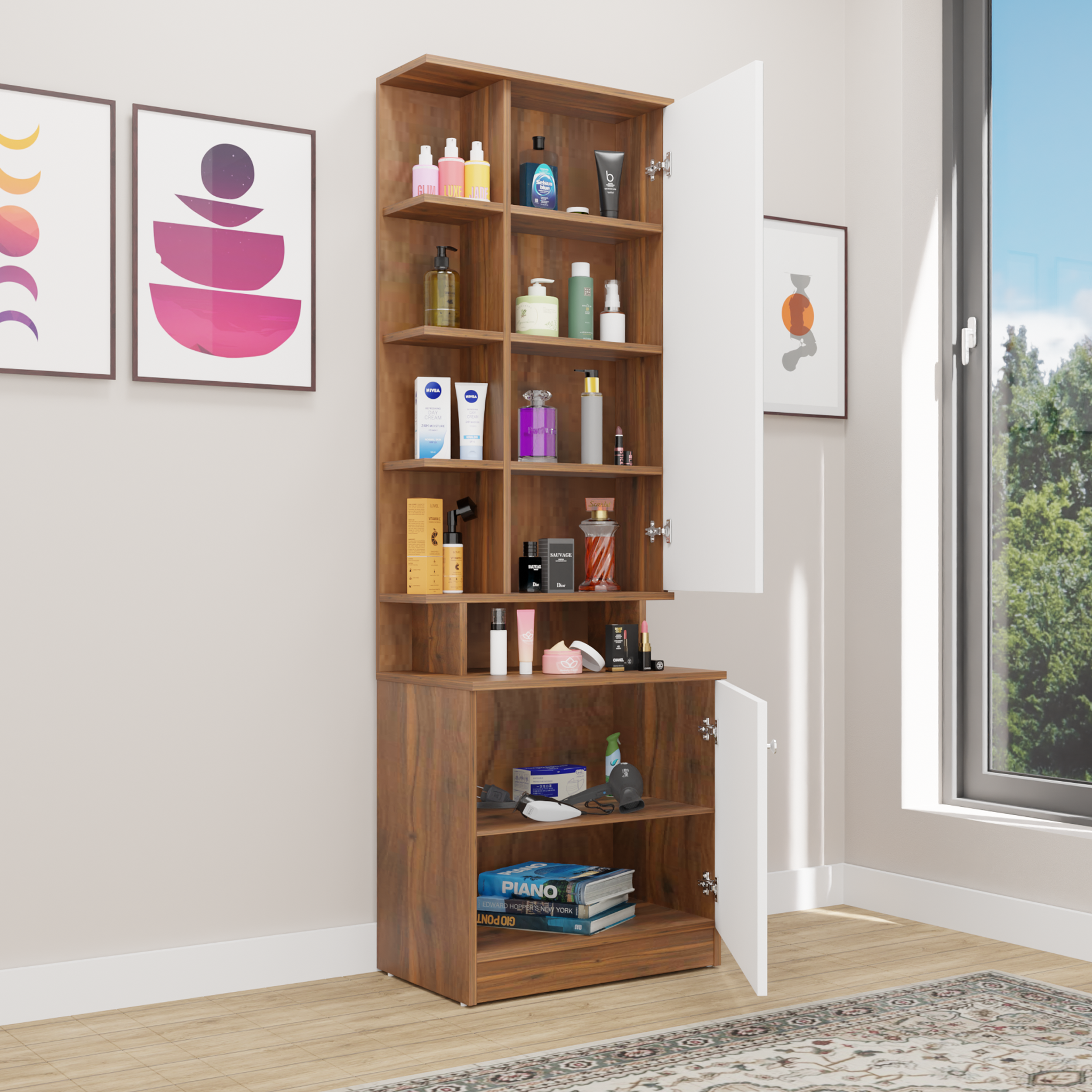 Dressing Table with Mirror Door | Drawer & Open Shelves Dressing Table VIKI FURNITURE