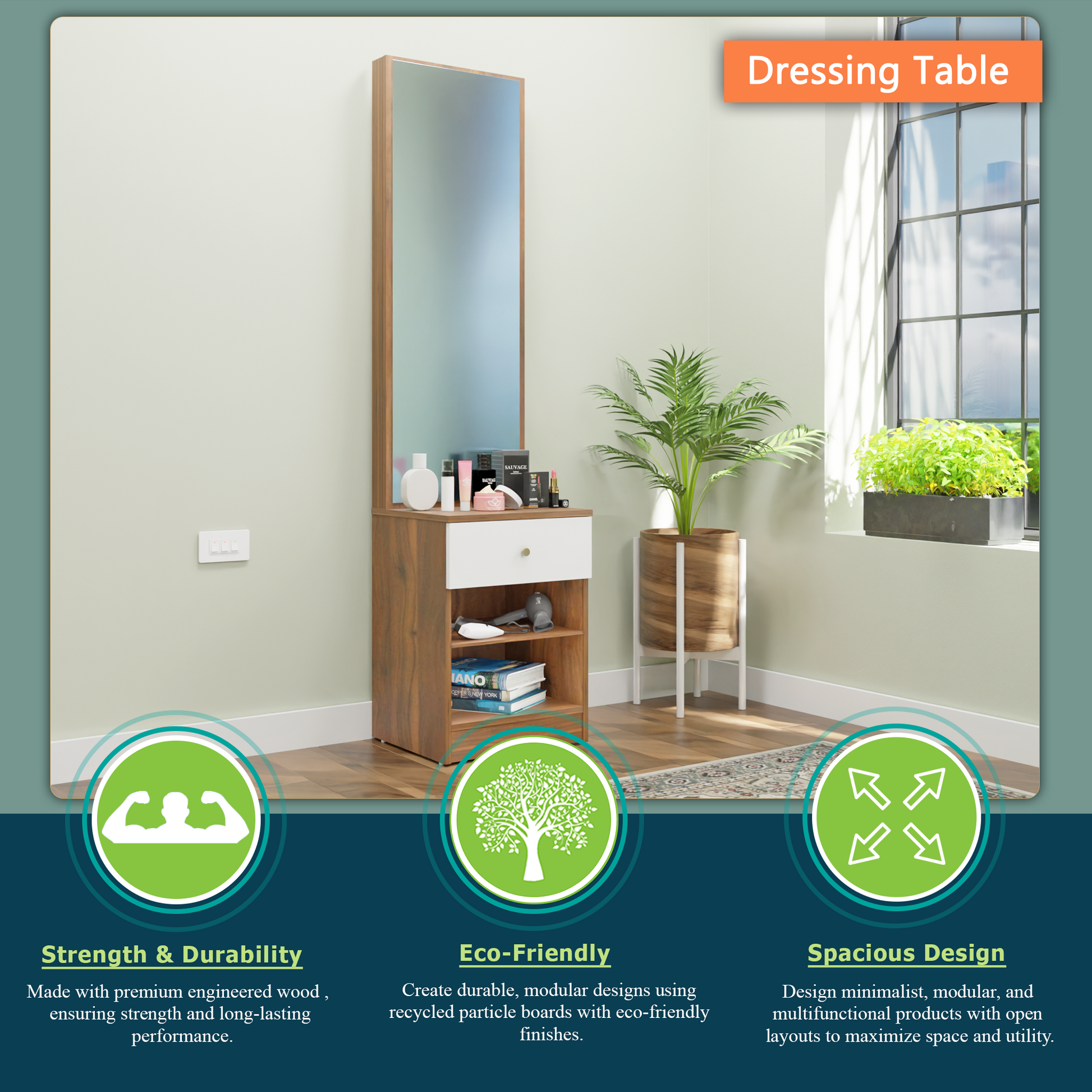 Dressing Table with Mirror Door | Drawer & Open Shelves Dressing Table VIKI FURNITURE