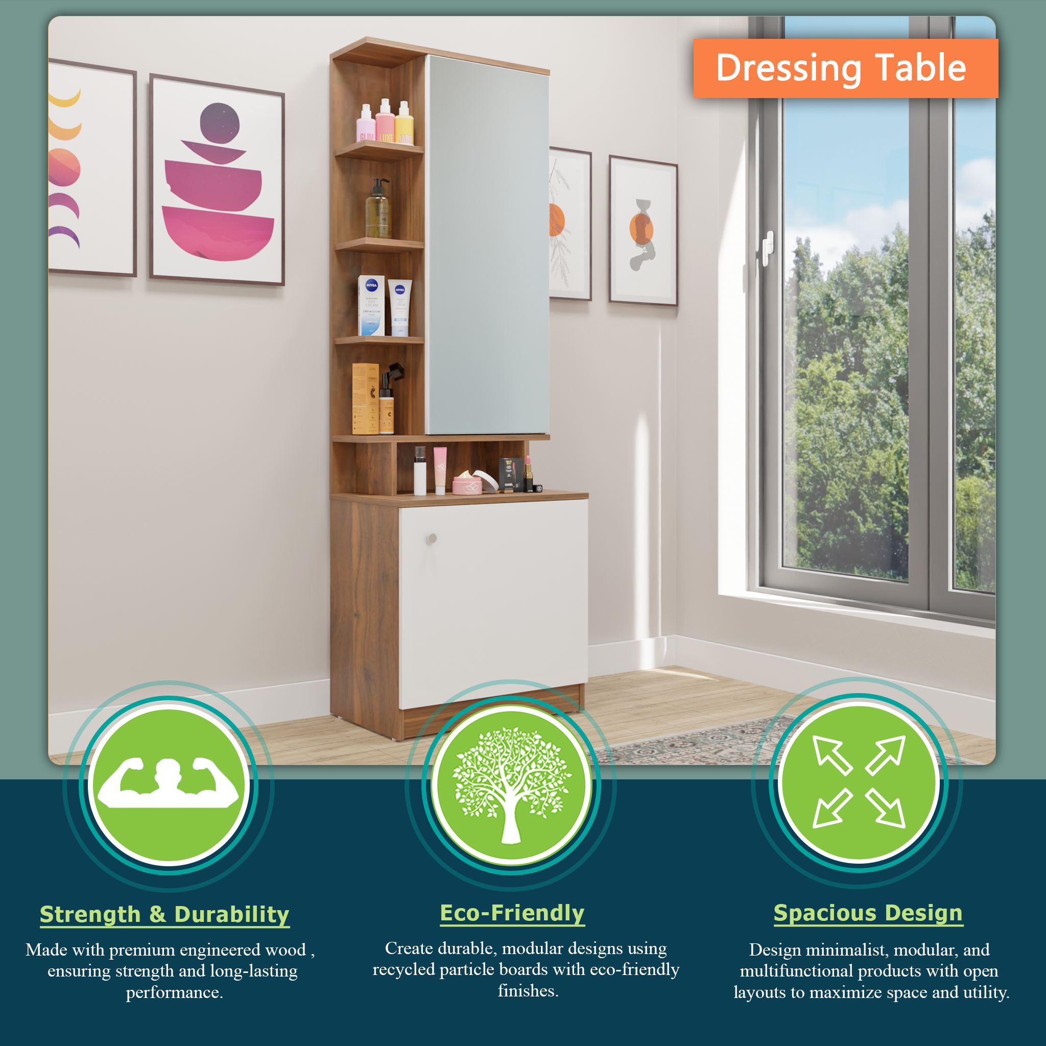 Dressing Table with Mirror Door | Drawer & Open Shelves Dressing Table VIKI FURNITURE