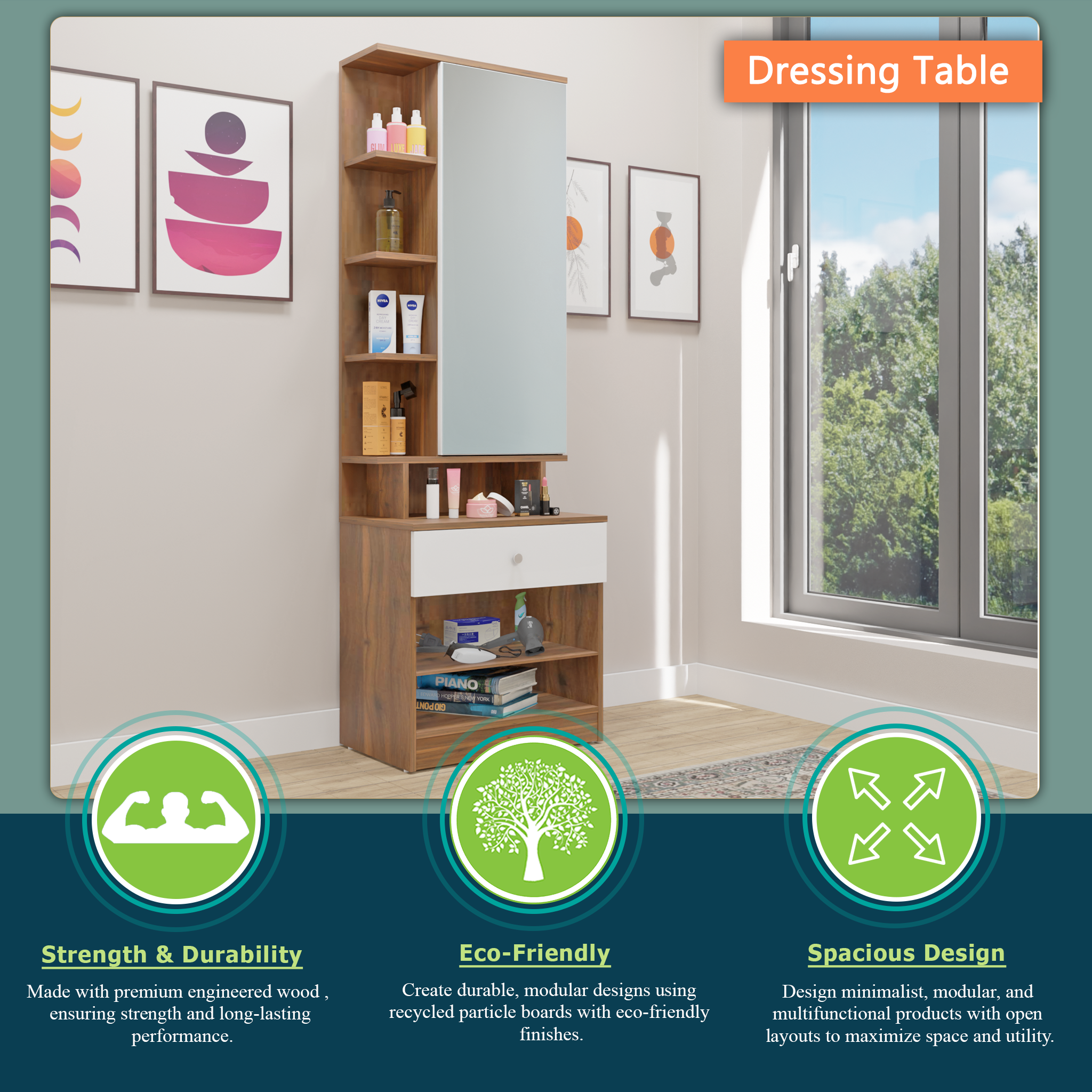 Dressing Table with Mirror Door | Door | Drawer & Open Shelves Dressing Table VIKI FURNITURE