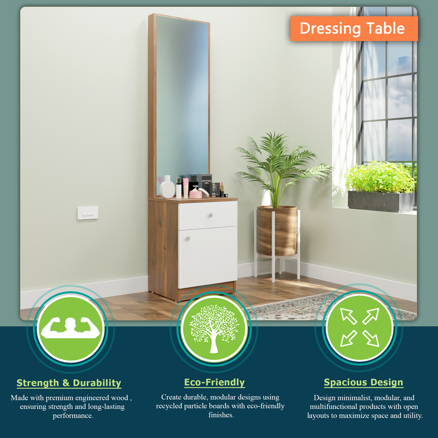Dressing Table with Mirror Door | Door | Drawer & Open Shelves Dressing Table VIKI FURNITURE