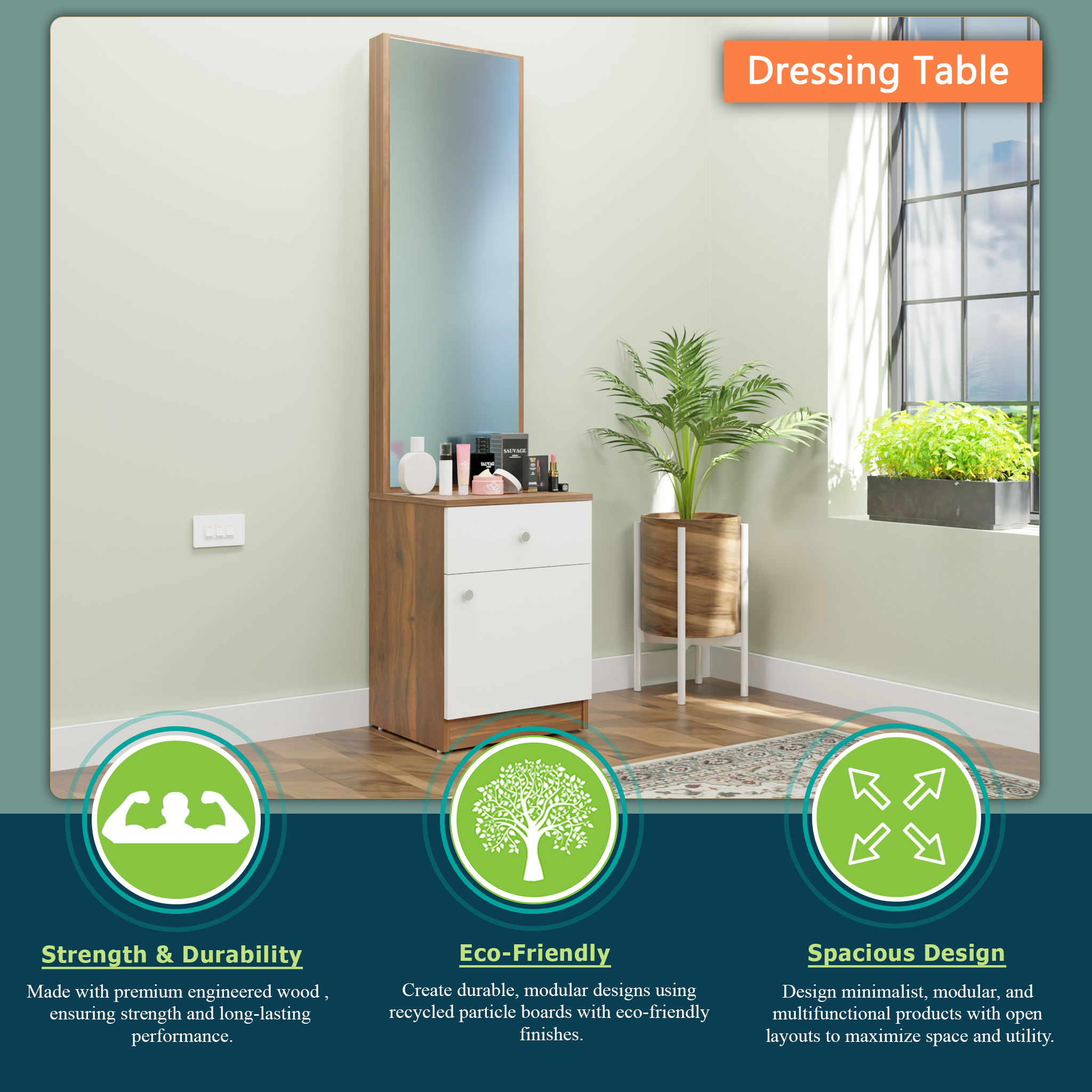 Dressing Table with Mirror Door | Door | Drawer & Open Shelves Dressing Table VIKI FURNITURE