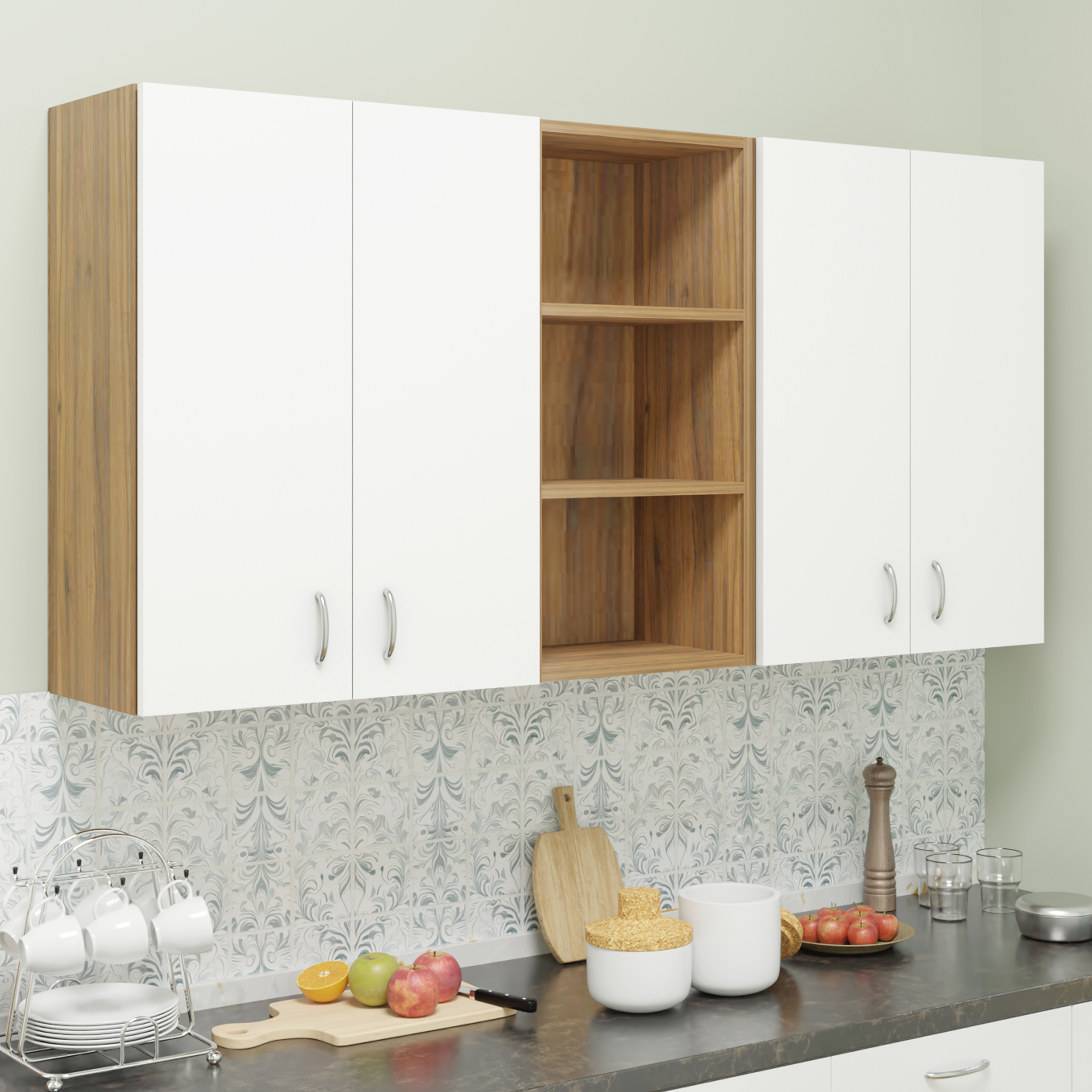 Traksha | Modular Kitchen | Wall Cabinet - 4 Doors with Open Shelf kitchen cabinet VIKI FURNITURE White & Walnut