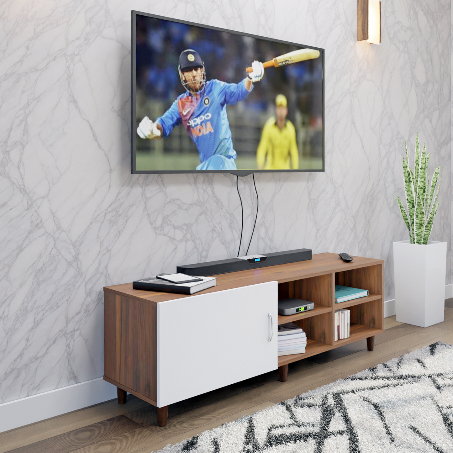 TV Unit | 1 Door, Open Shelves | Dual Color TV & Entertainment Unit VIKI FURNITURE Brussel Walnut with Frosty White