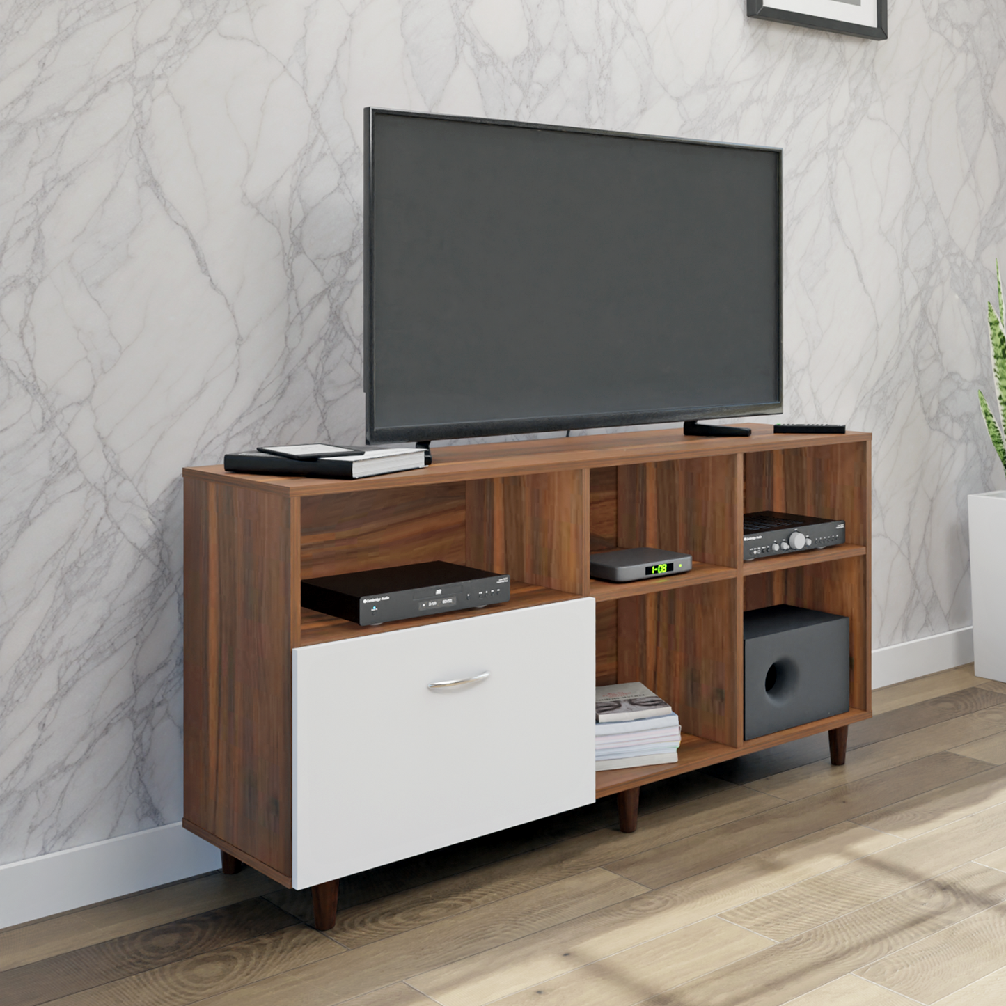 TV Unit | 1 Drawer, Shelf & Open Shelves | Dual Color TV & Entertainment Unit VIKI FURNITURE Brussel Walnut with Frosty White