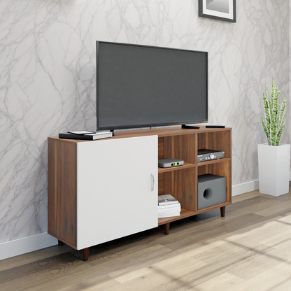 TV Unit | 1 Door, Open Shelves | Dual Color TV & Entertainment Unit VIKI FURNITURE Brussel Walnut with Frosty White