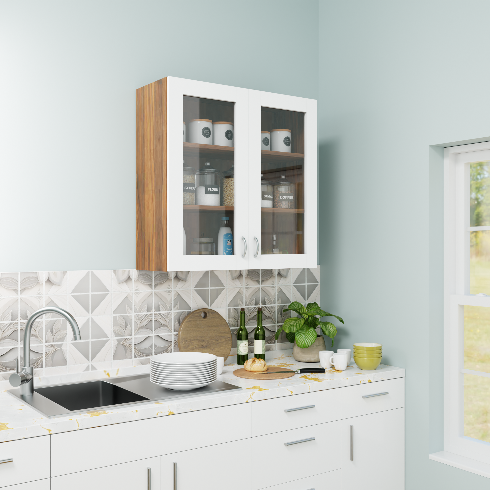 Traksha | Modular Kitchen | Wall Cabinet - 2 Glass Doors kitchen cabinet VIKI FURNITURE White & Walnut