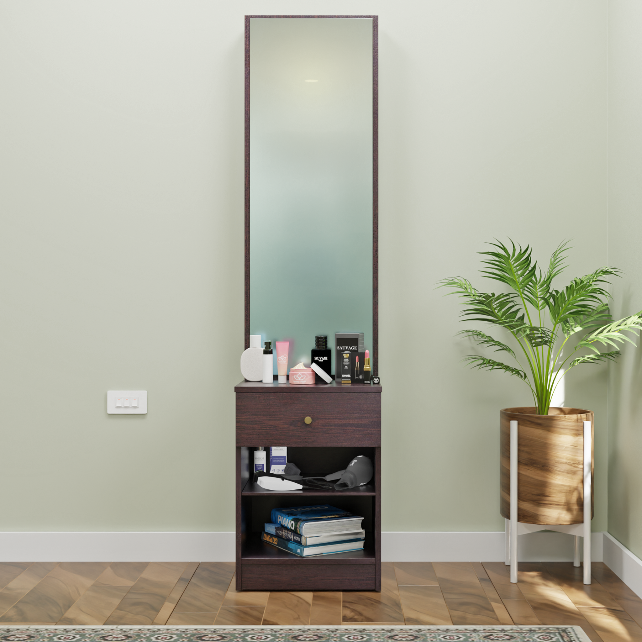 Dressing Table with Mirror Door | Drawer & Open Shelves Dressing Table VIKI FURNITURE
