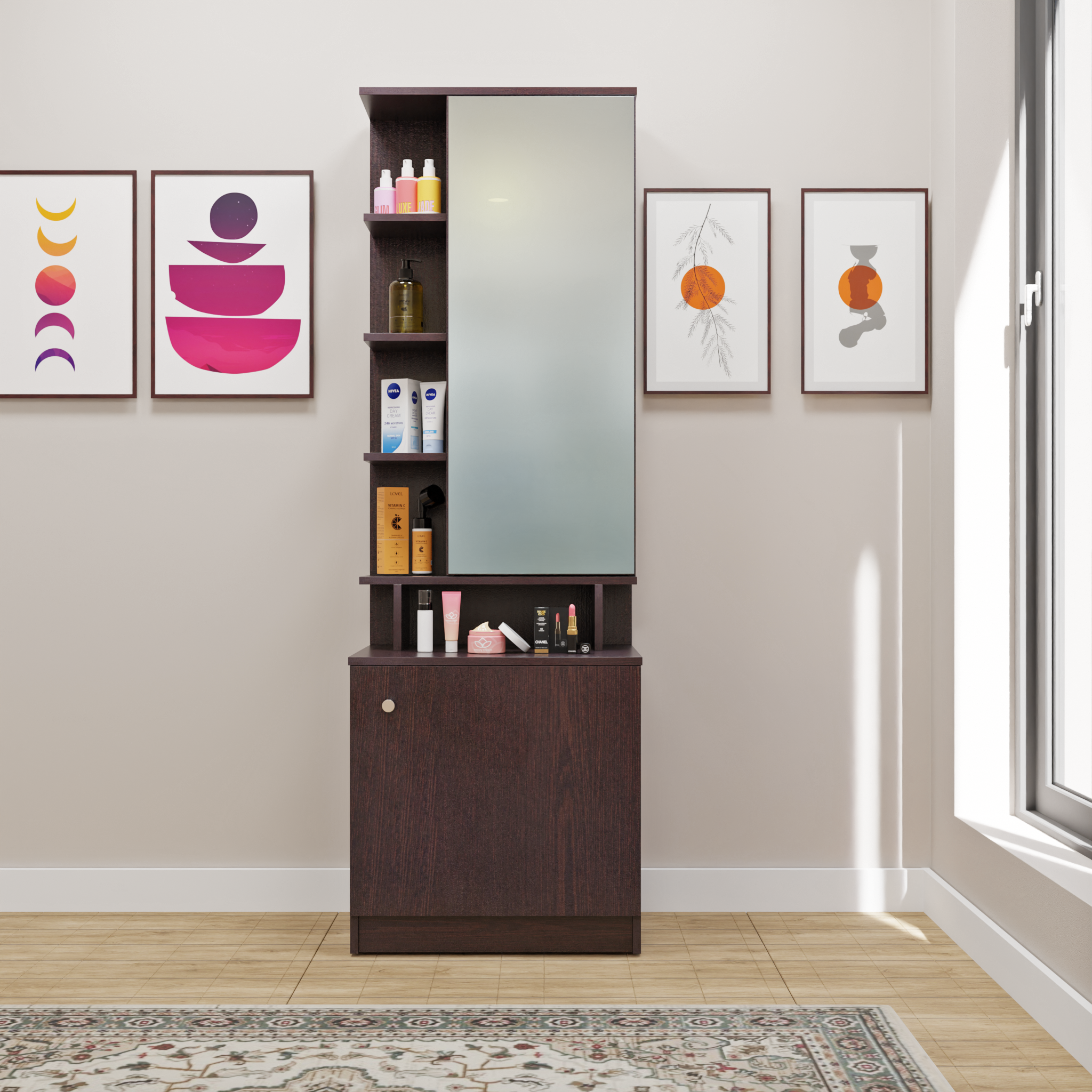 Dressing Table with Mirror Door | Drawer & Open Shelves Dressing Table VIKI FURNITURE