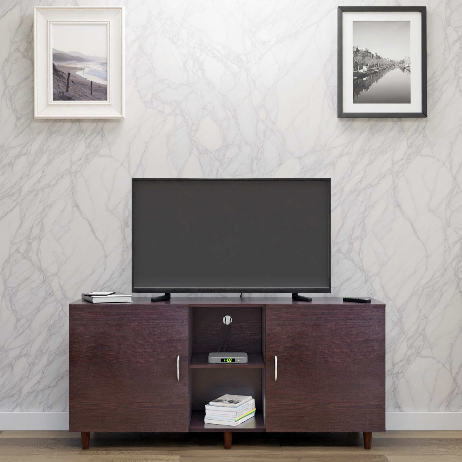 TV Unit | 2 Doors, Open Shelves | Single Color TV & Entertainment Unit VIKI FURNITURE