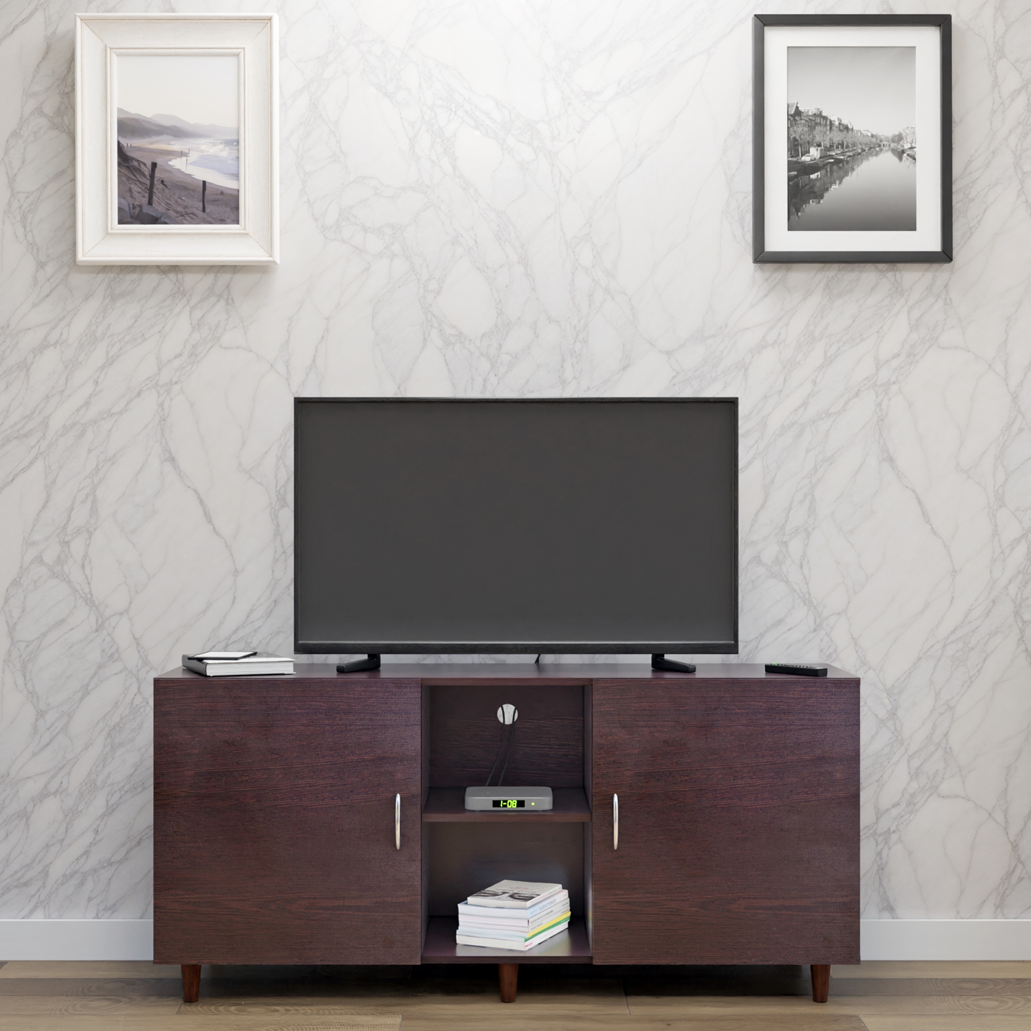 TV Unit | 2 Doors, Open Shelves | Single Color TV & Entertainment Unit VIKI FURNITURE