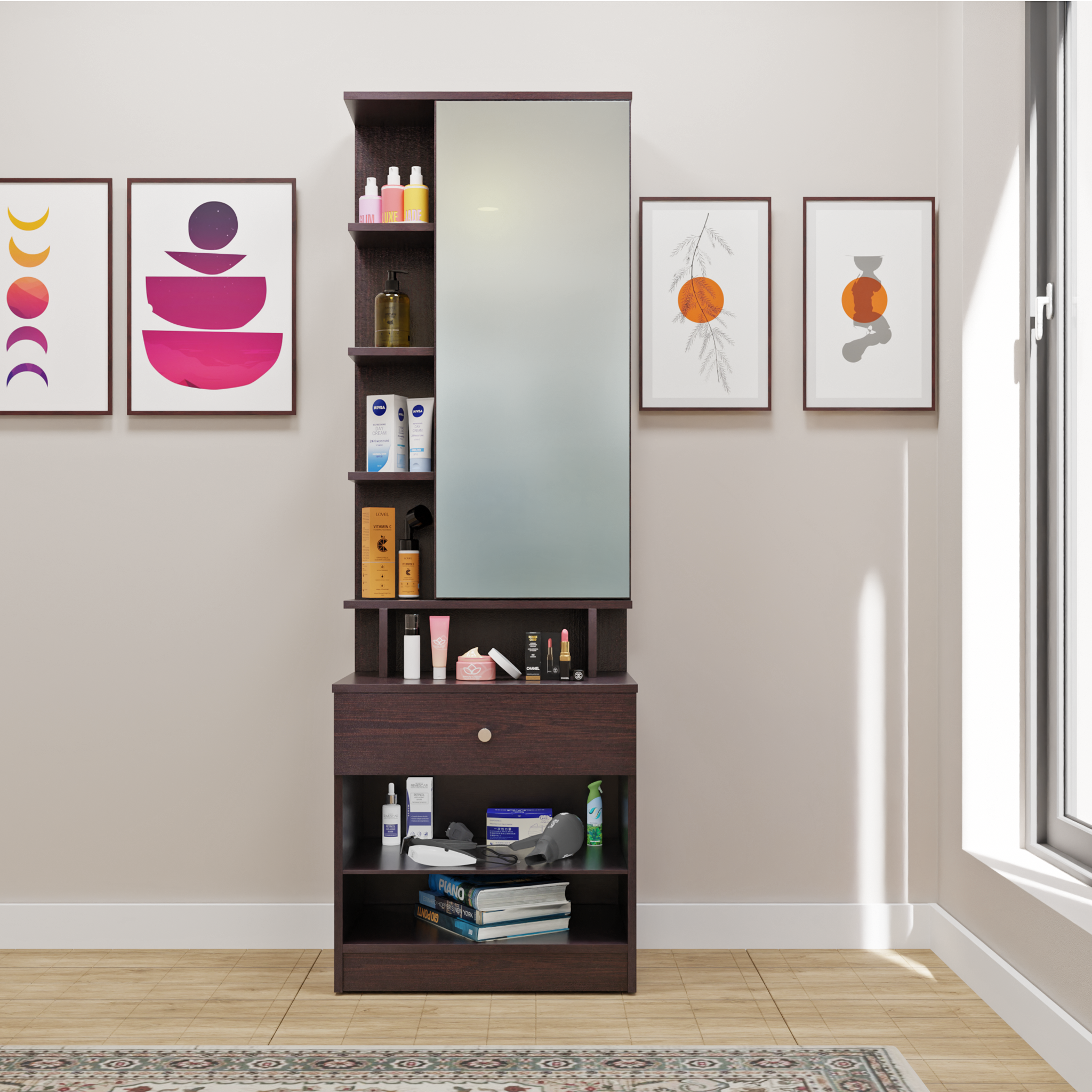 Dressing Table with Mirror Door | Door | Drawer & Open Shelves Dressing Table VIKI FURNITURE