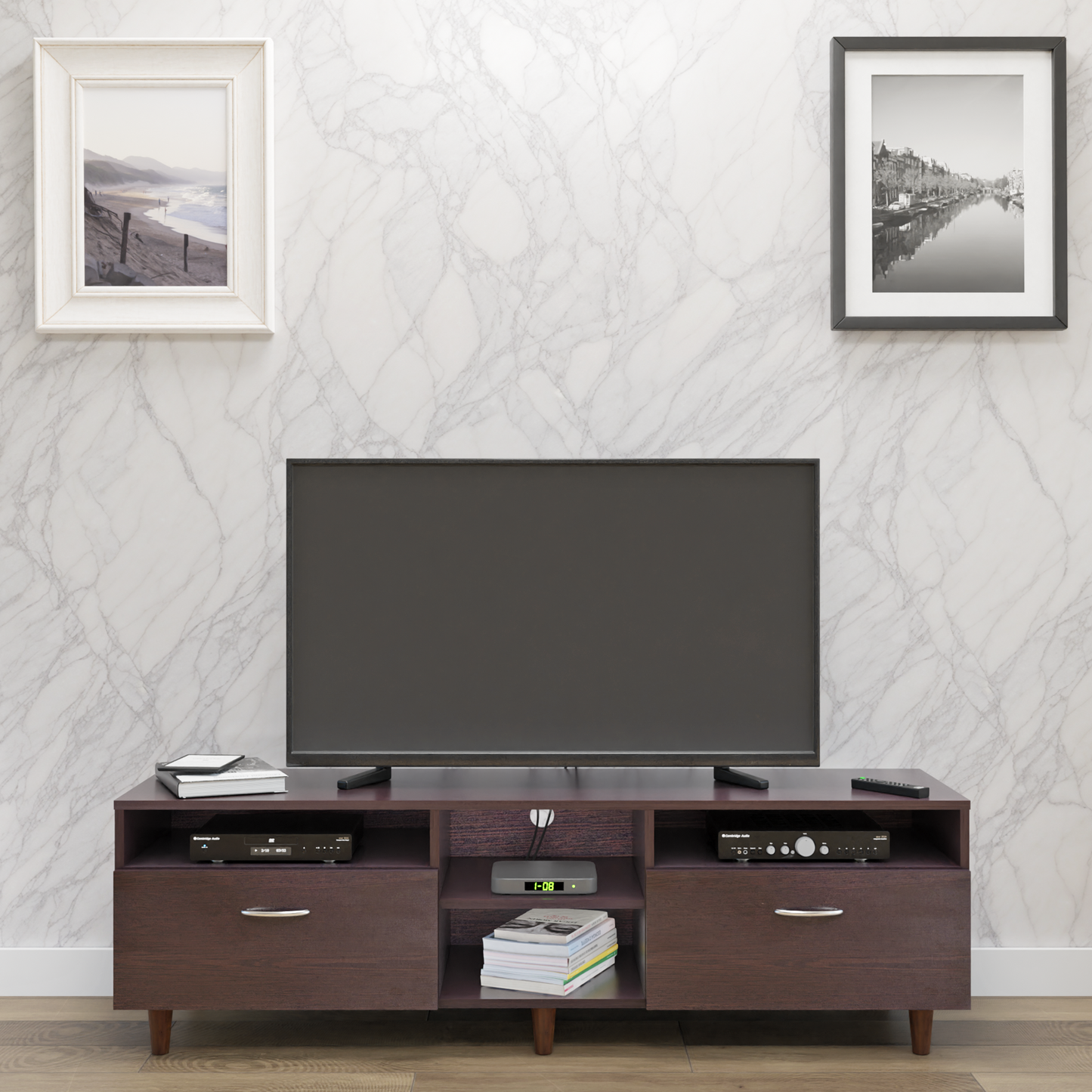 TV Unit | 2 Drawers, Open Shelves | Single Color TV & Entertainment Unit VIKI FURNITURE Dark Wenge