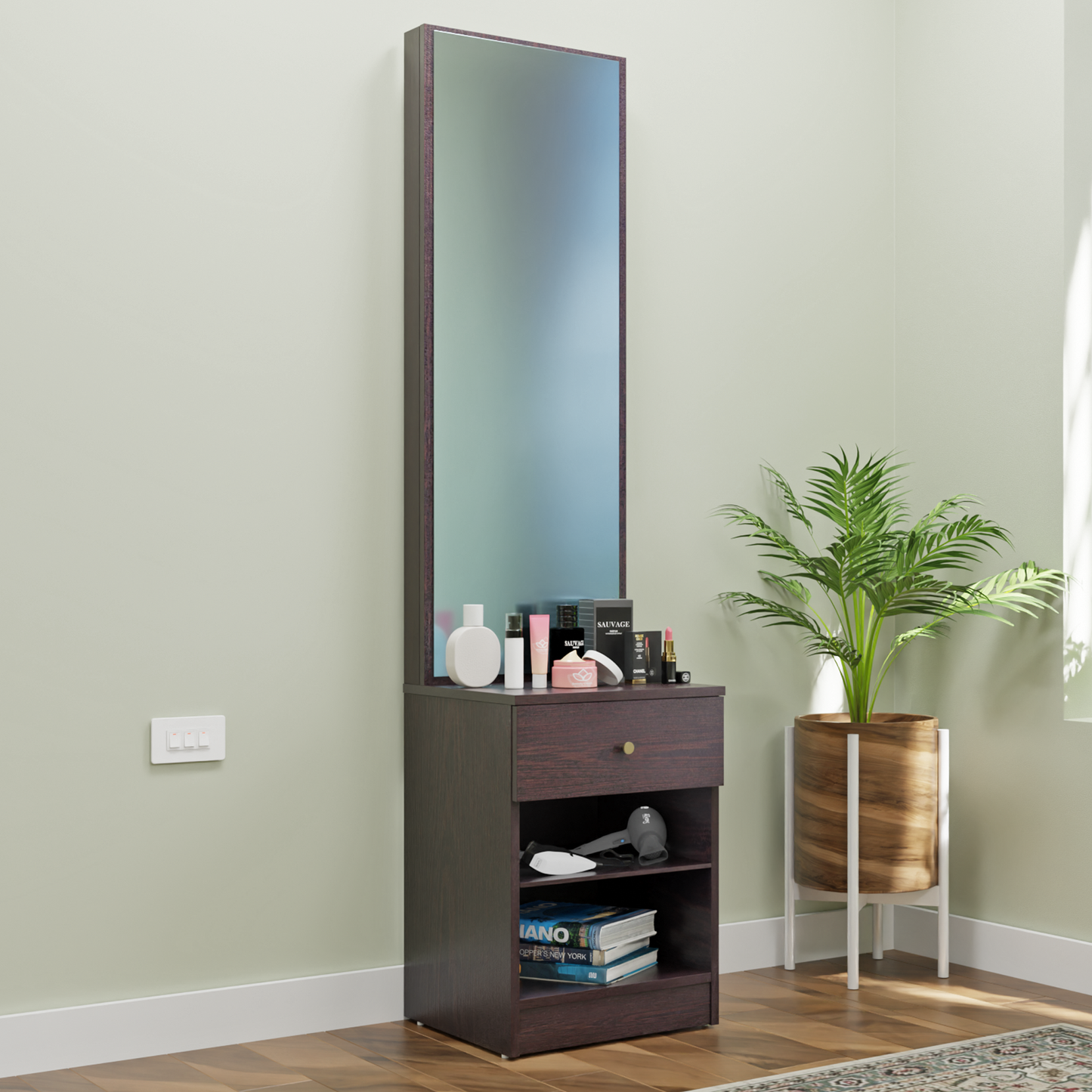 Dressing Table with Mirror Door | Drawer & Open Shelves Dressing Table VIKI FURNITURE Dark Wenge