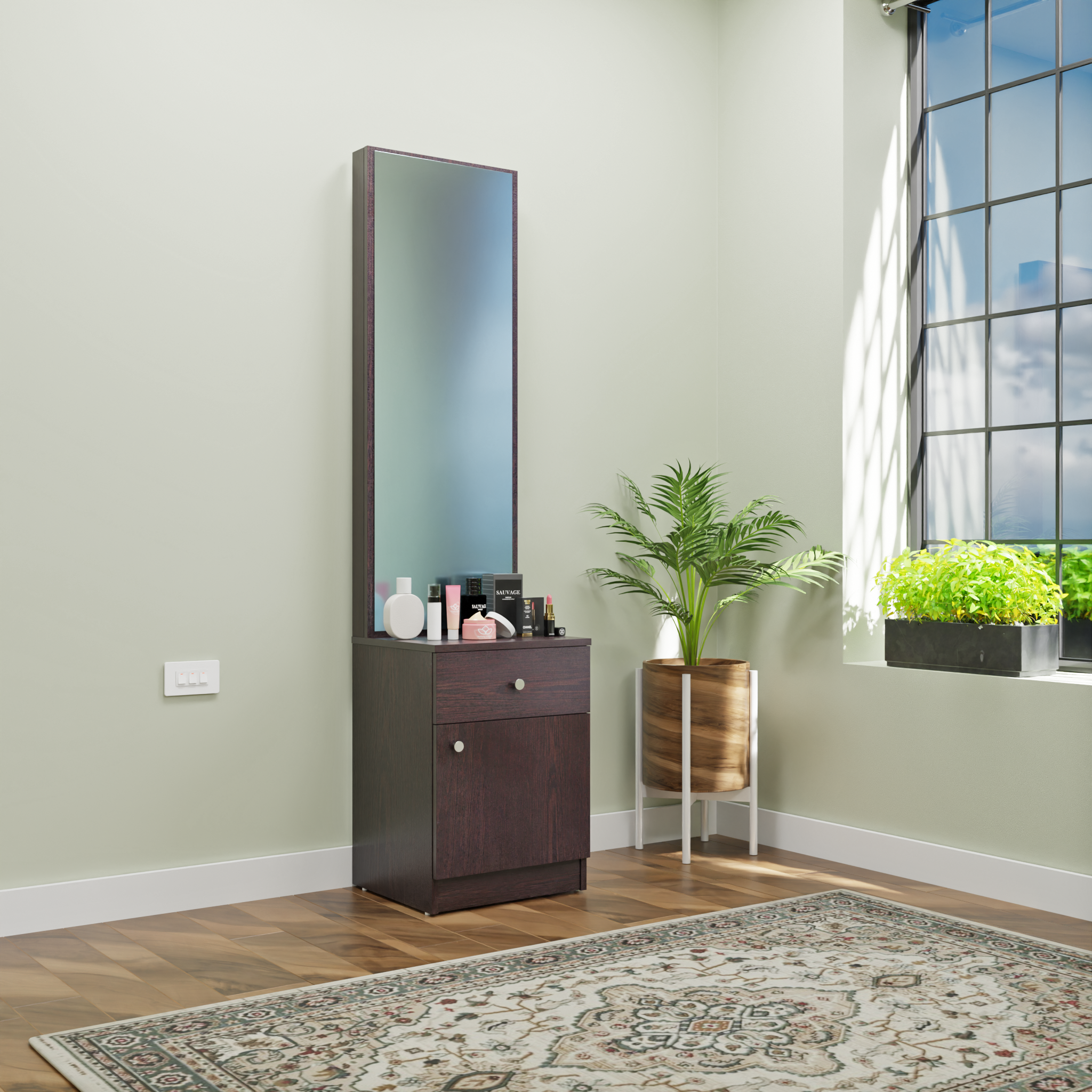Dressing Table with Mirror Door | Door | Drawer & Open Shelves Dressing Table VIKI FURNITURE Wenge