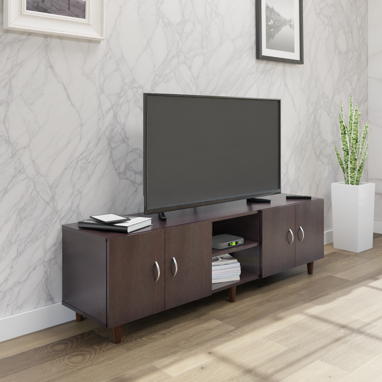 TV unit | 4 Doors, Open Shelves | Single Color TV & Entertainment Unit VIKI FURNITURE