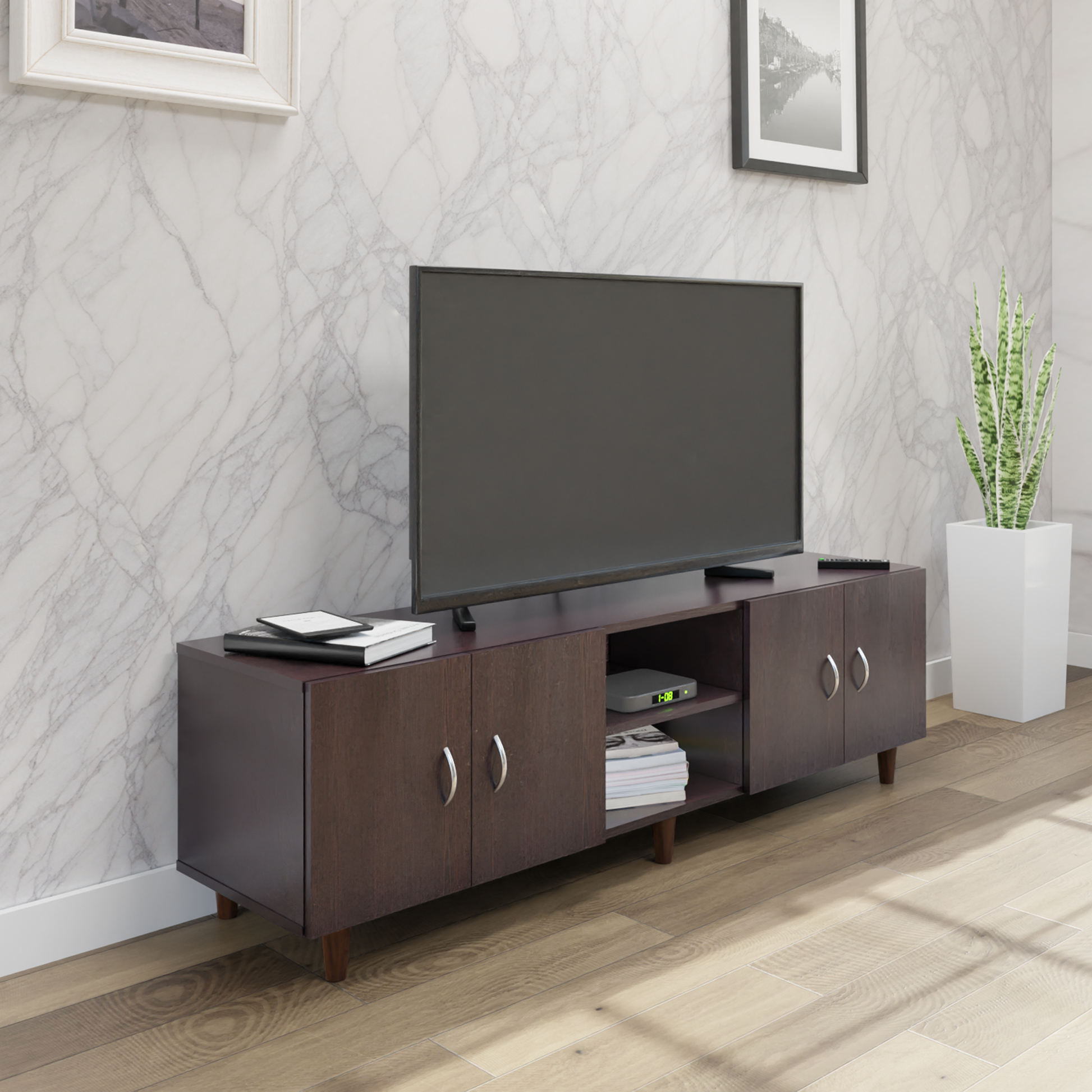 TV unit | 4 Doors, Open Shelves | Single Color TV & Entertainment Unit VIKI FURNITURE