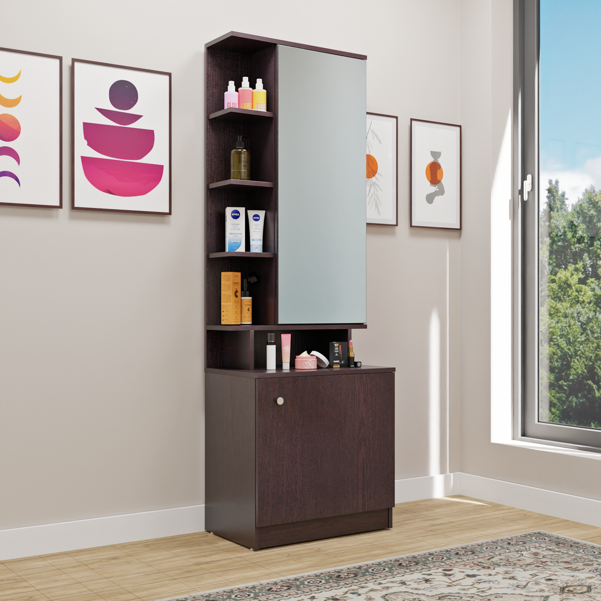 Dressing Table with Mirror Door | Drawer & Open Shelves Dressing Table VIKI FURNITURE Wenge