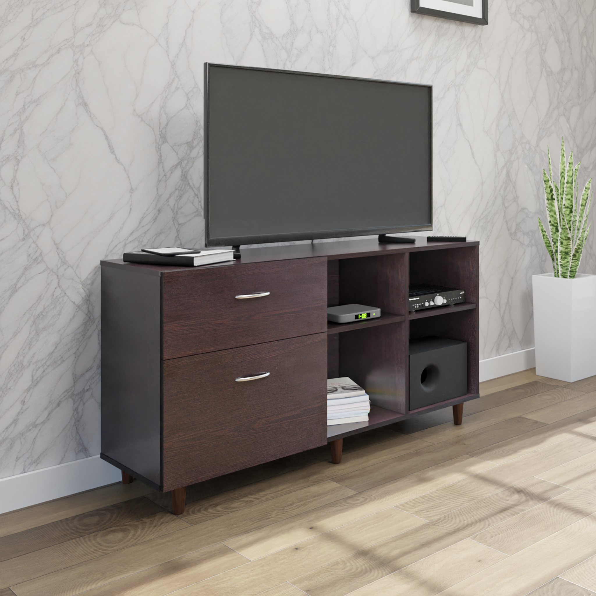 TV Unit | 2 Drawers, Shelf & Open Shelves | Single Color TV & Entertainment Unit VIKI FURNITURE