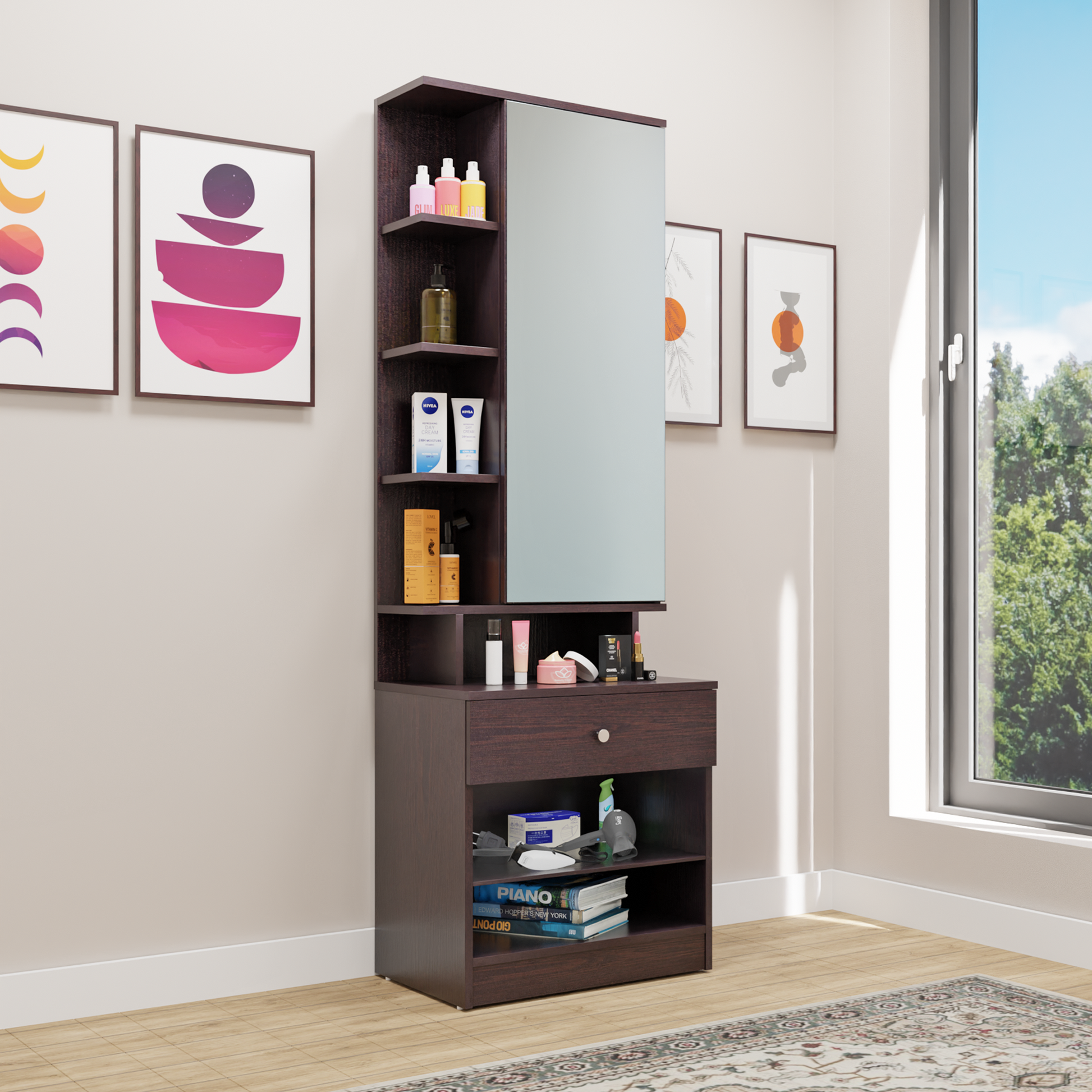 Dressing Table with Mirror Door | Door | Drawer & Open Shelves Dressing Table VIKI FURNITURE Wenge