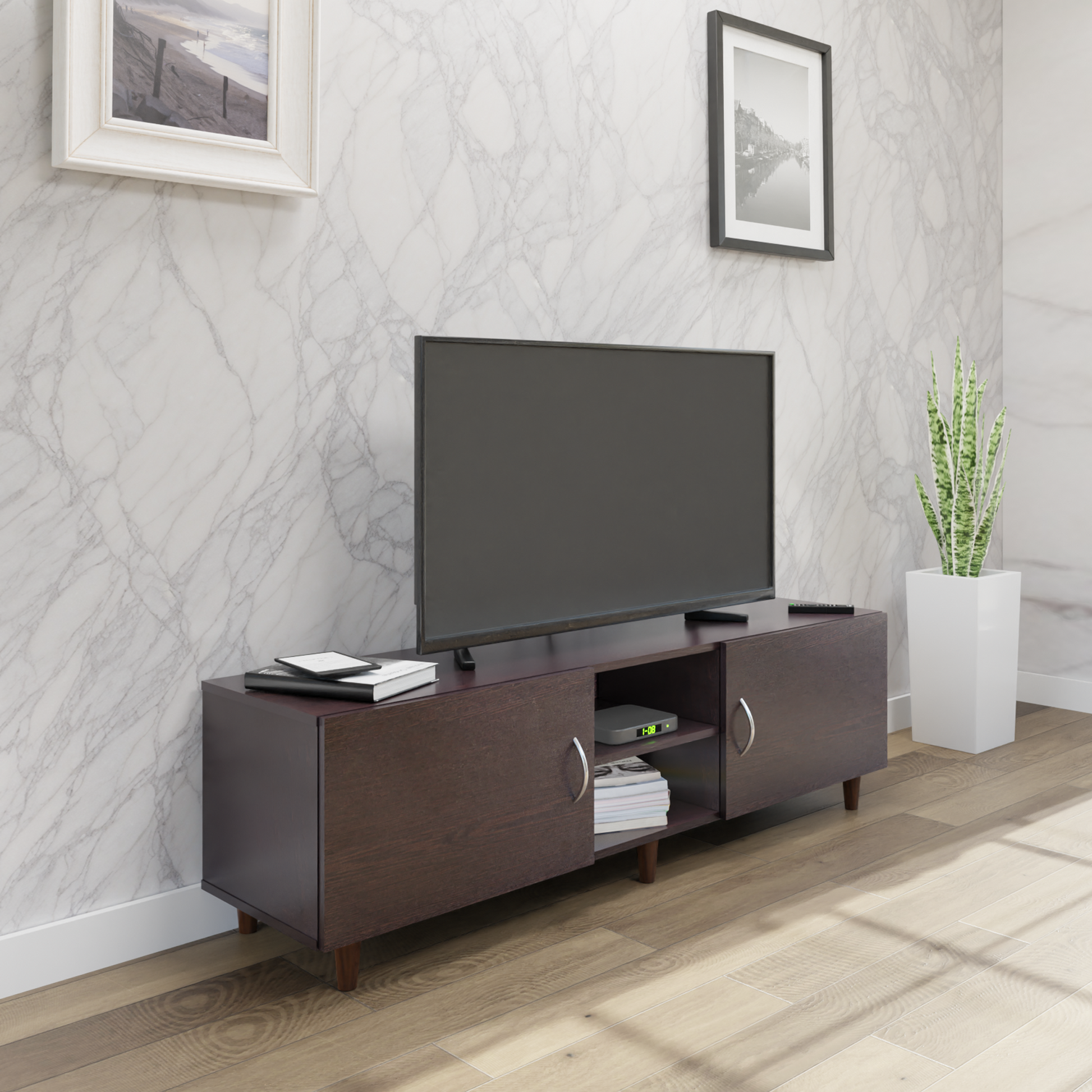 TV Unit | 2 Doors, Open Shelves | Single Color TV & Entertainment Unit VIKI FURNITURE