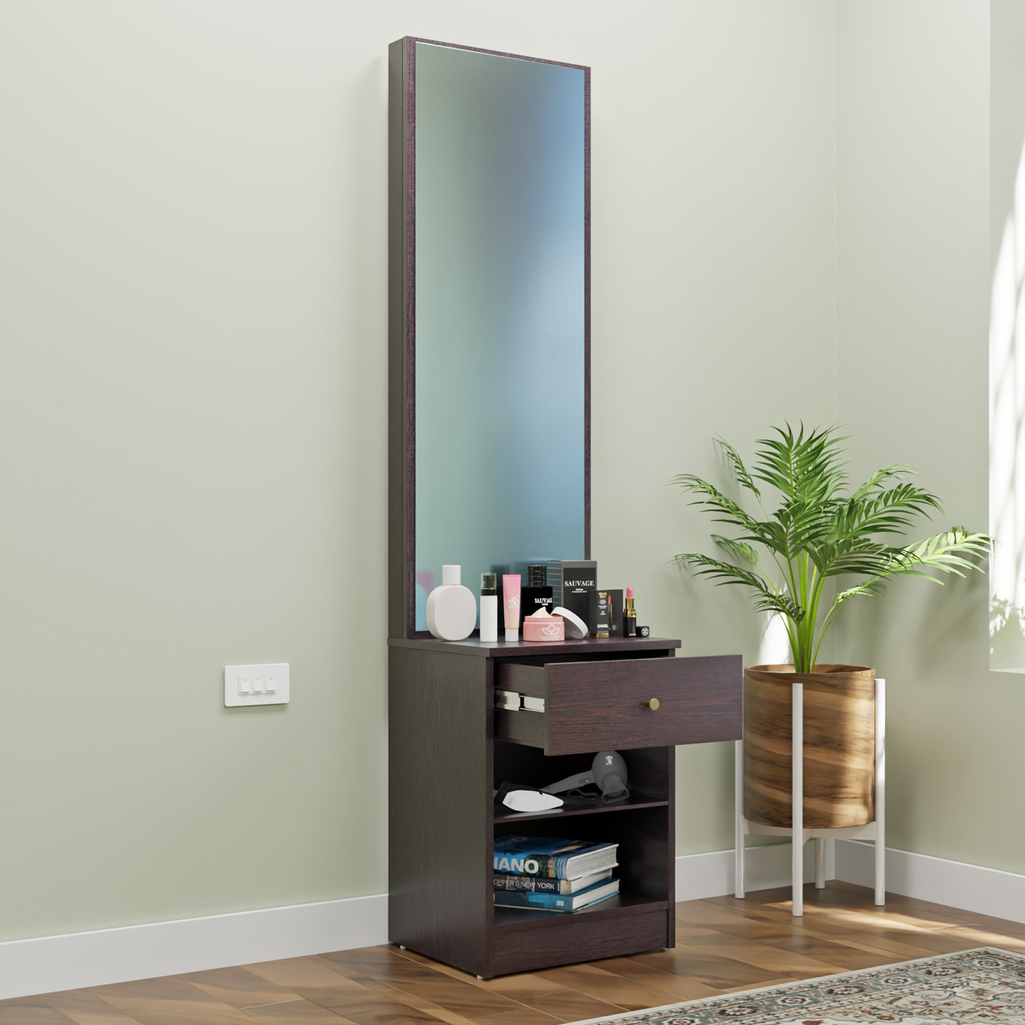 Dressing Table with Mirror Door | Drawer & Open Shelves Dressing Table VIKI FURNITURE