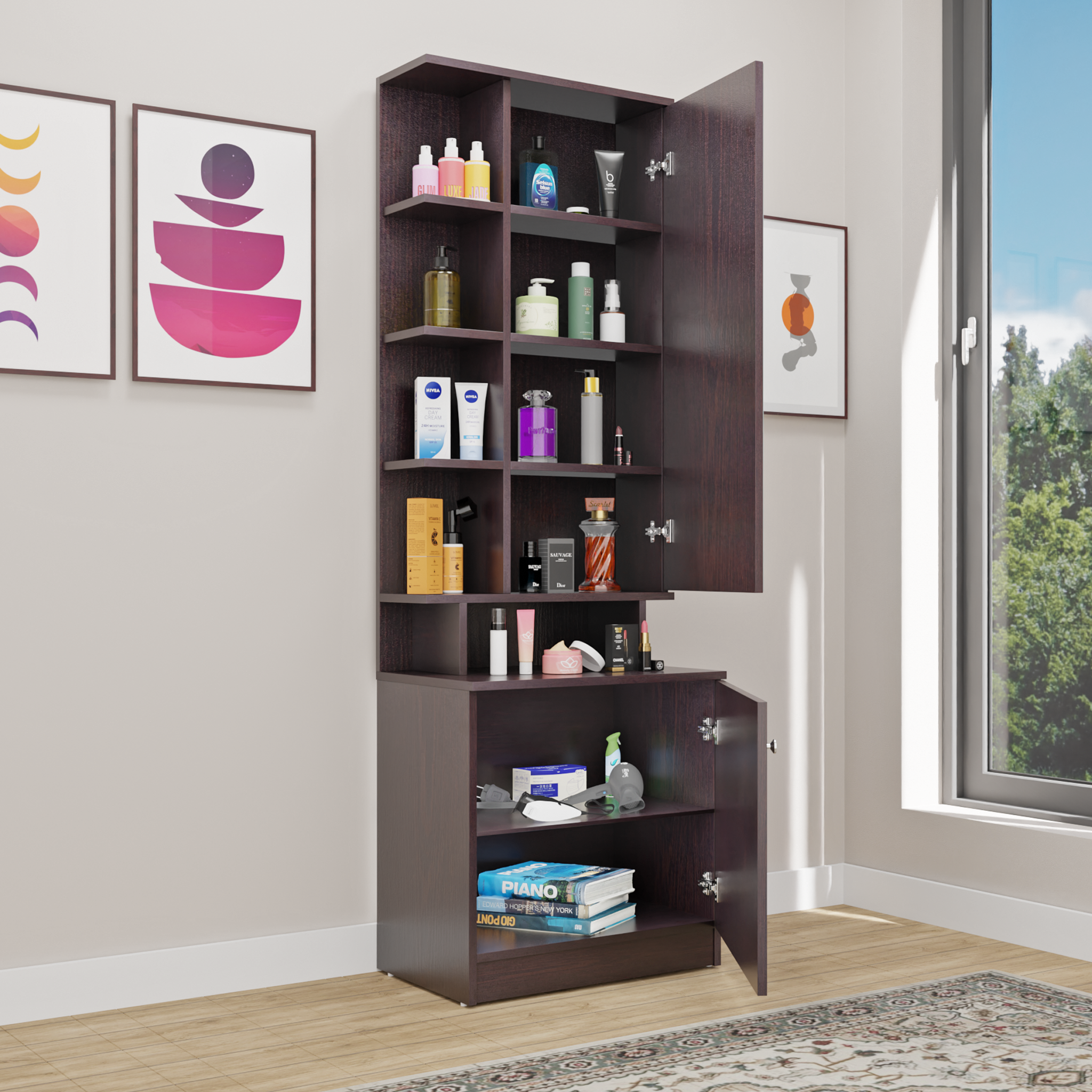 Dressing Table with Mirror Door | Drawer & Open Shelves Dressing Table VIKI FURNITURE