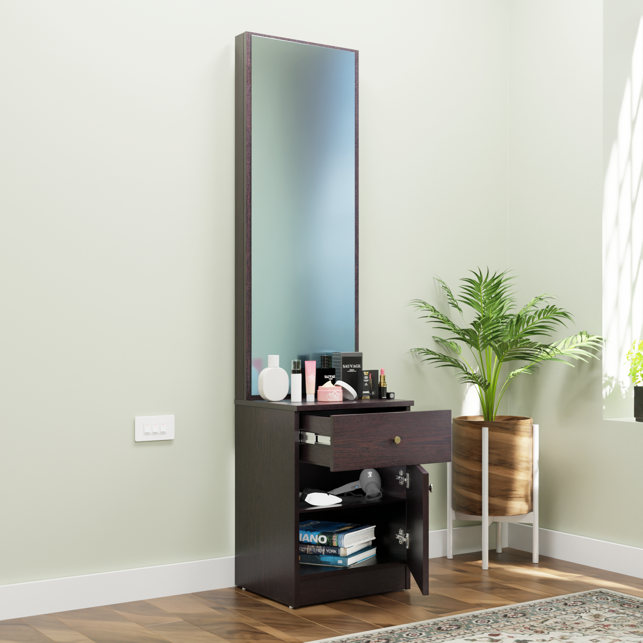 Dressing Table with Mirror Door | Door | Drawer & Open Shelves Dressing Table VIKI FURNITURE