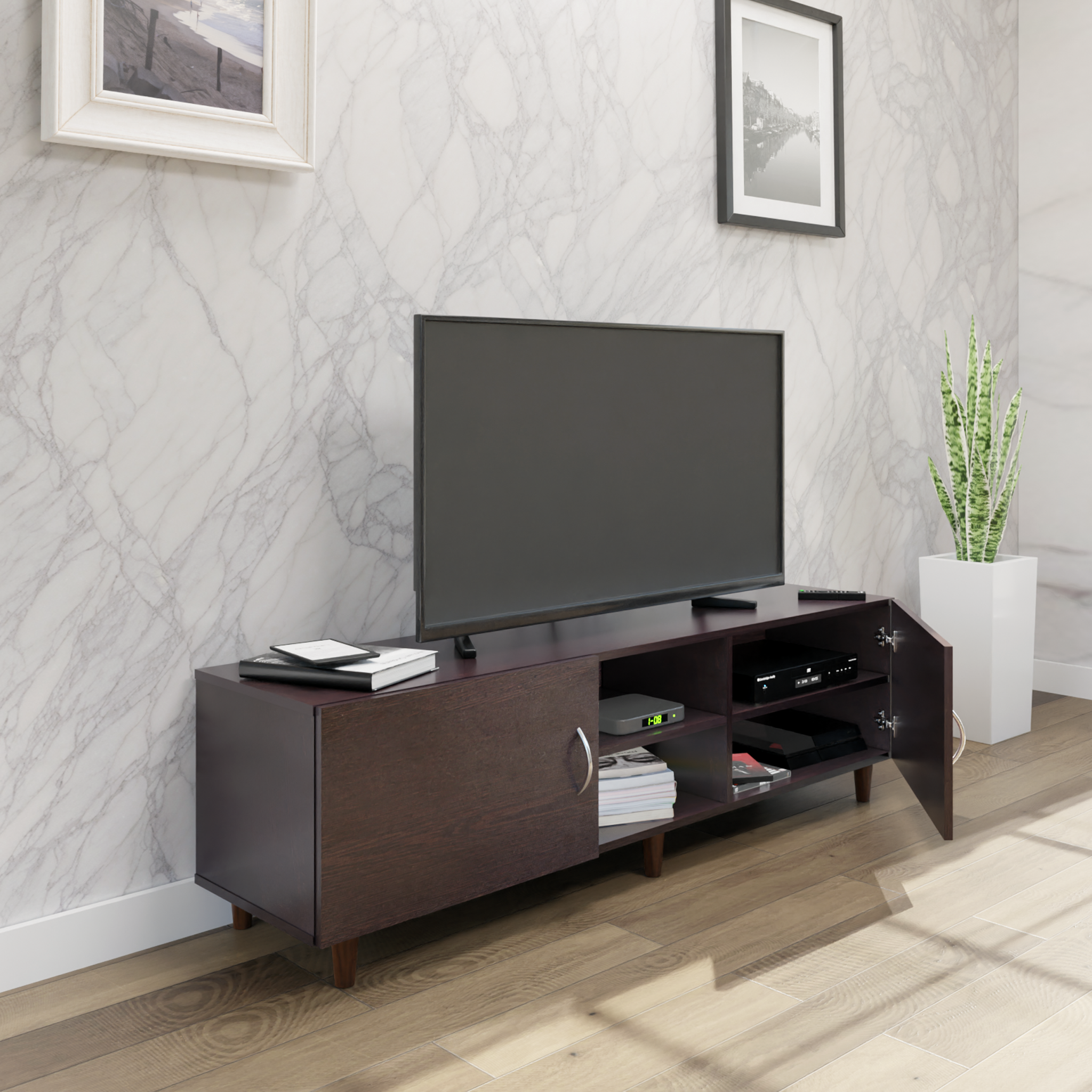 TV Unit | 2 Doors, Open Shelves | Single Color TV & Entertainment Unit VIKI FURNITURE