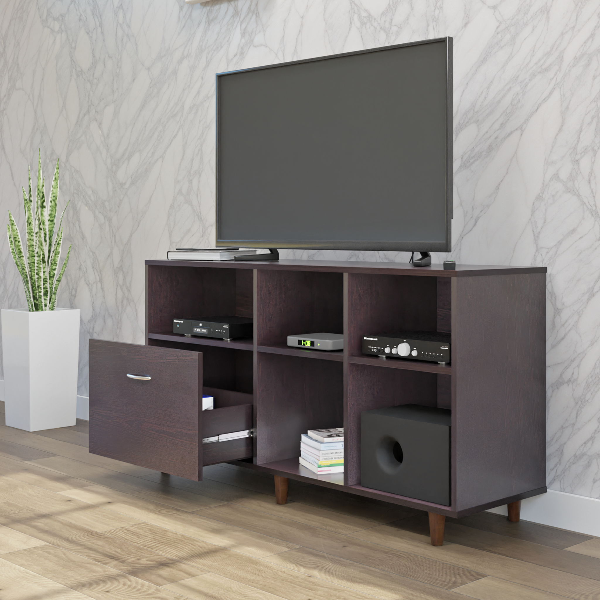 TV Unit | 1 Drawer, Shelf & Open Shelves | Single Color TV & Entertainment Unit VIKI FURNITURE