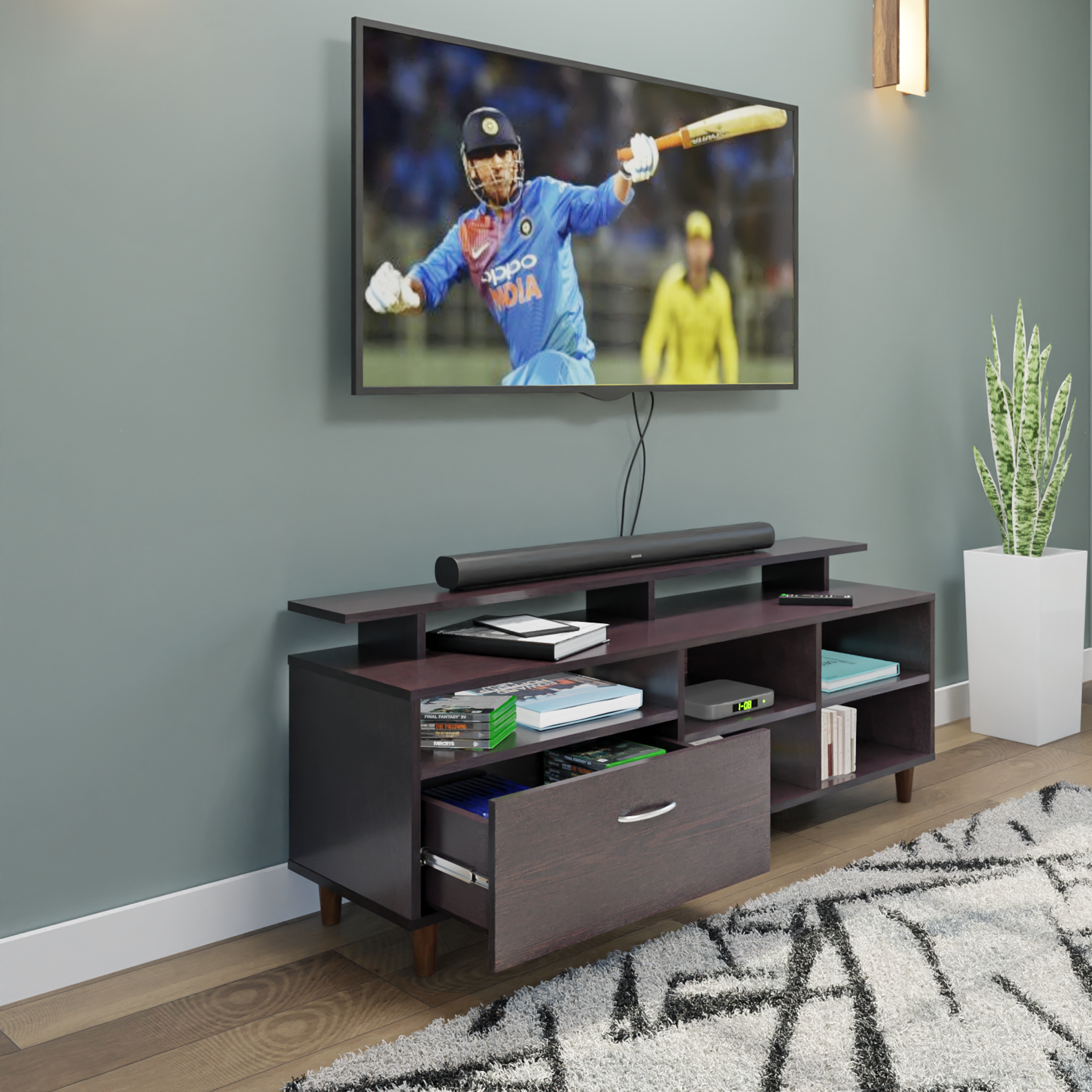 TV Unit | 1 Drawer, Shelf, Open Shelves & Extension | Single Color TV & Entertainment Unit VIKI FURNITURE