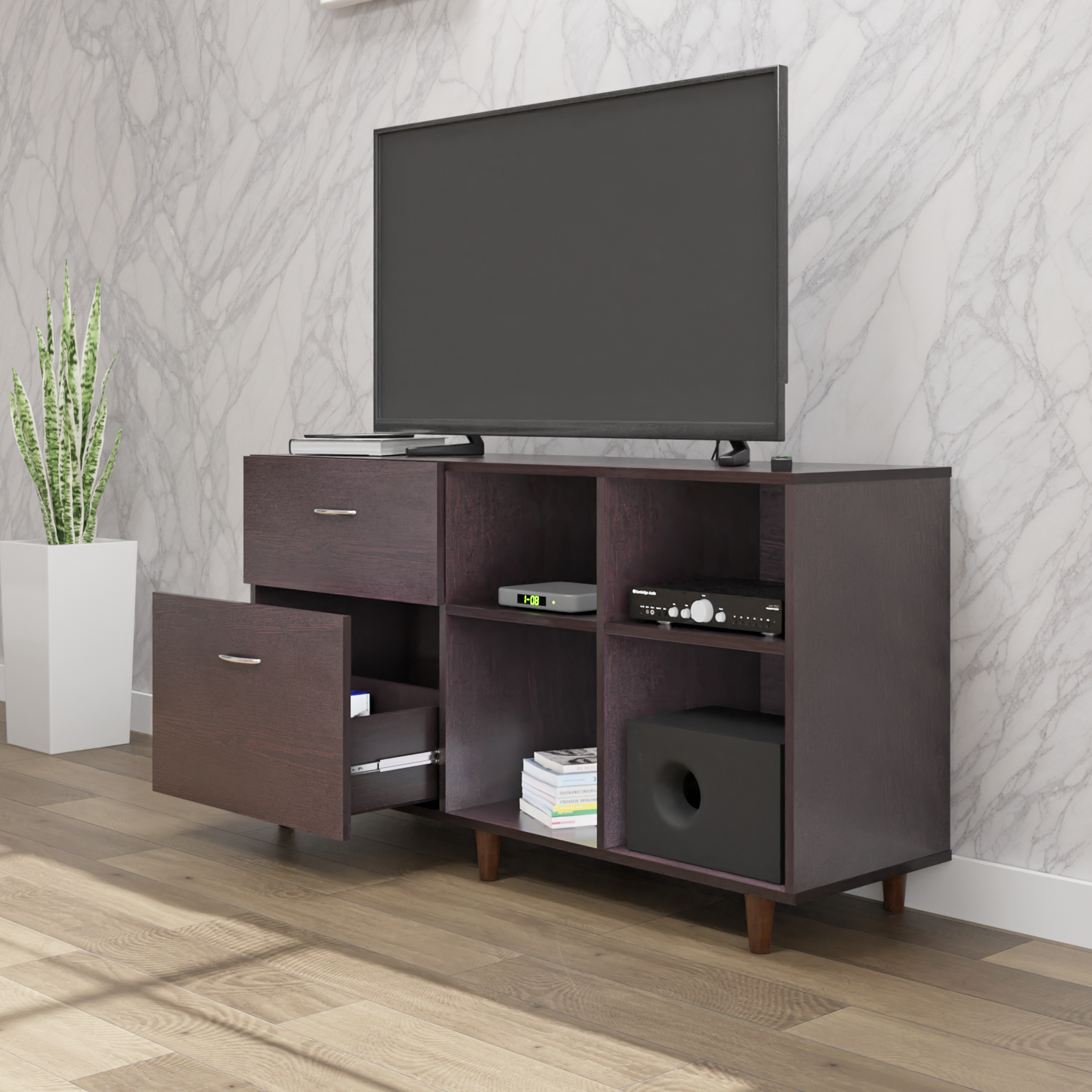 TV Unit | 2 Drawers, Shelf & Open Shelves | Single Color TV & Entertainment Unit VIKI FURNITURE